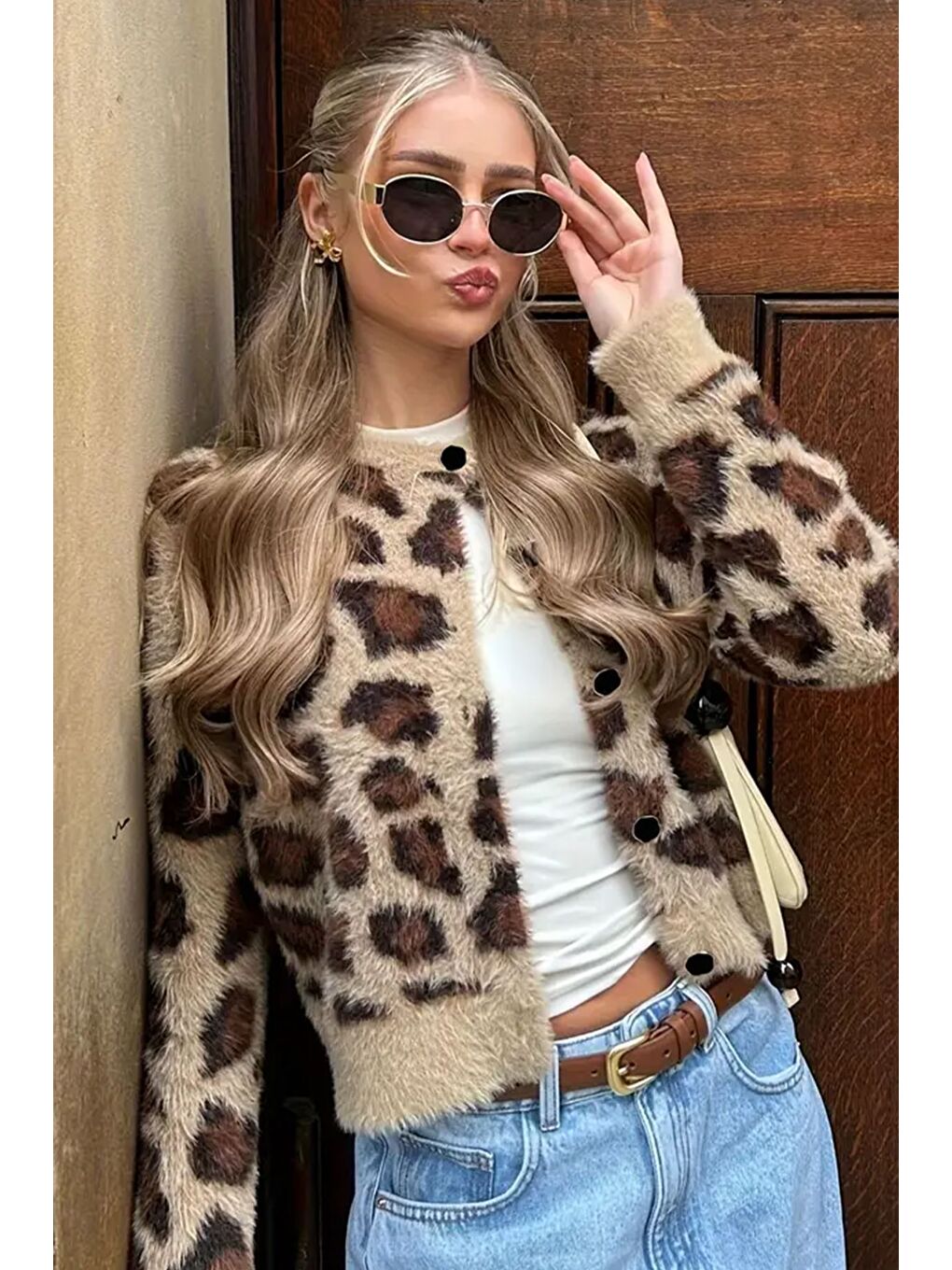 Bej Leopar Desenli Triko Hırka