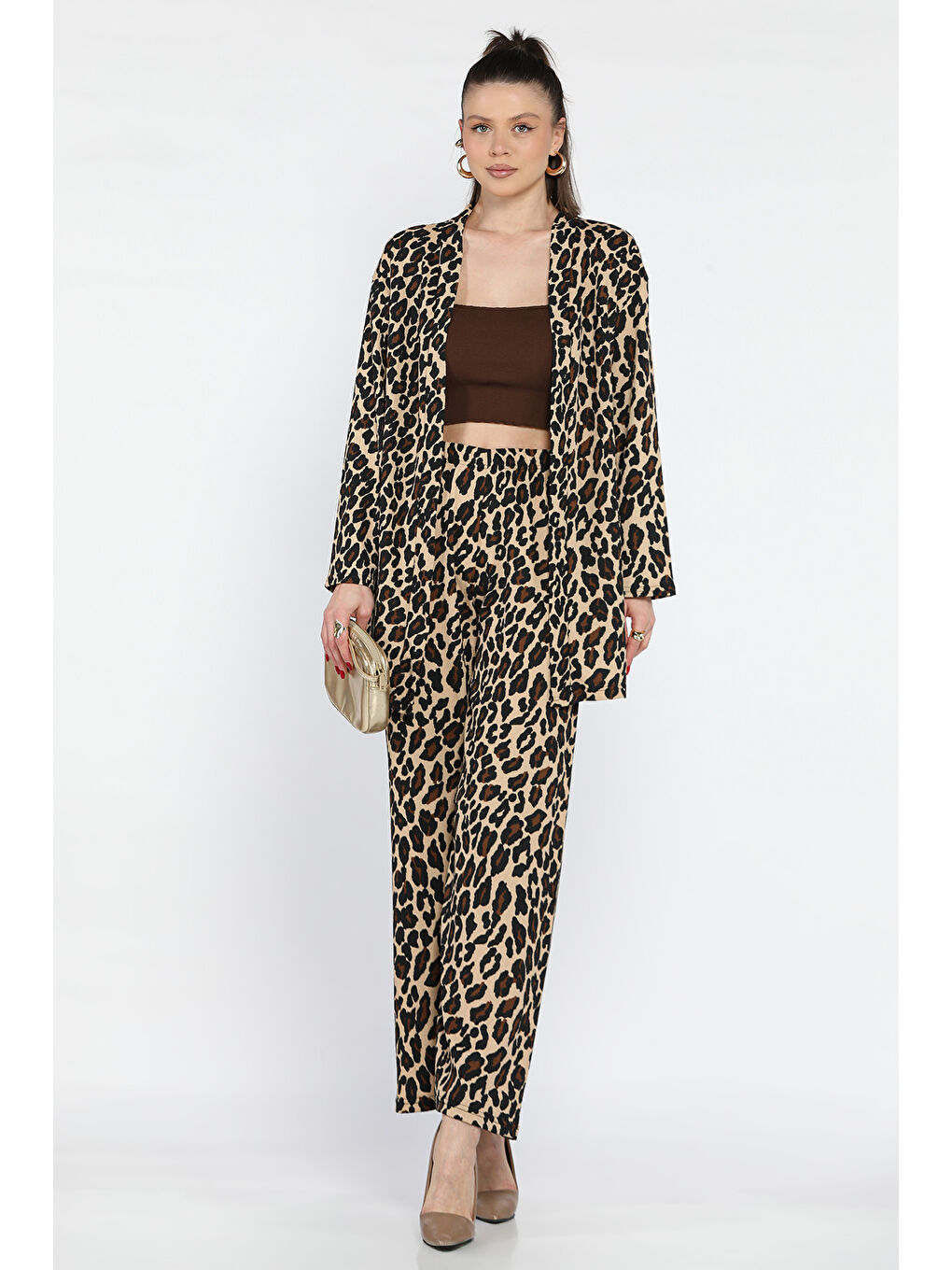 Kahverengi Kadın Leopar Desenli Kimono Pantolon İkili Takım-1