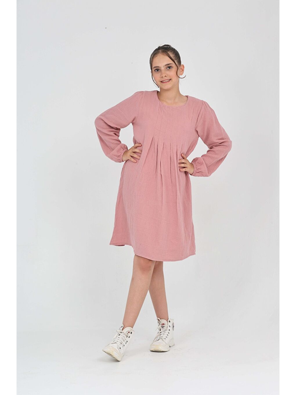 Pembe Kız Çocuk Pile Detaylı Elbise-2