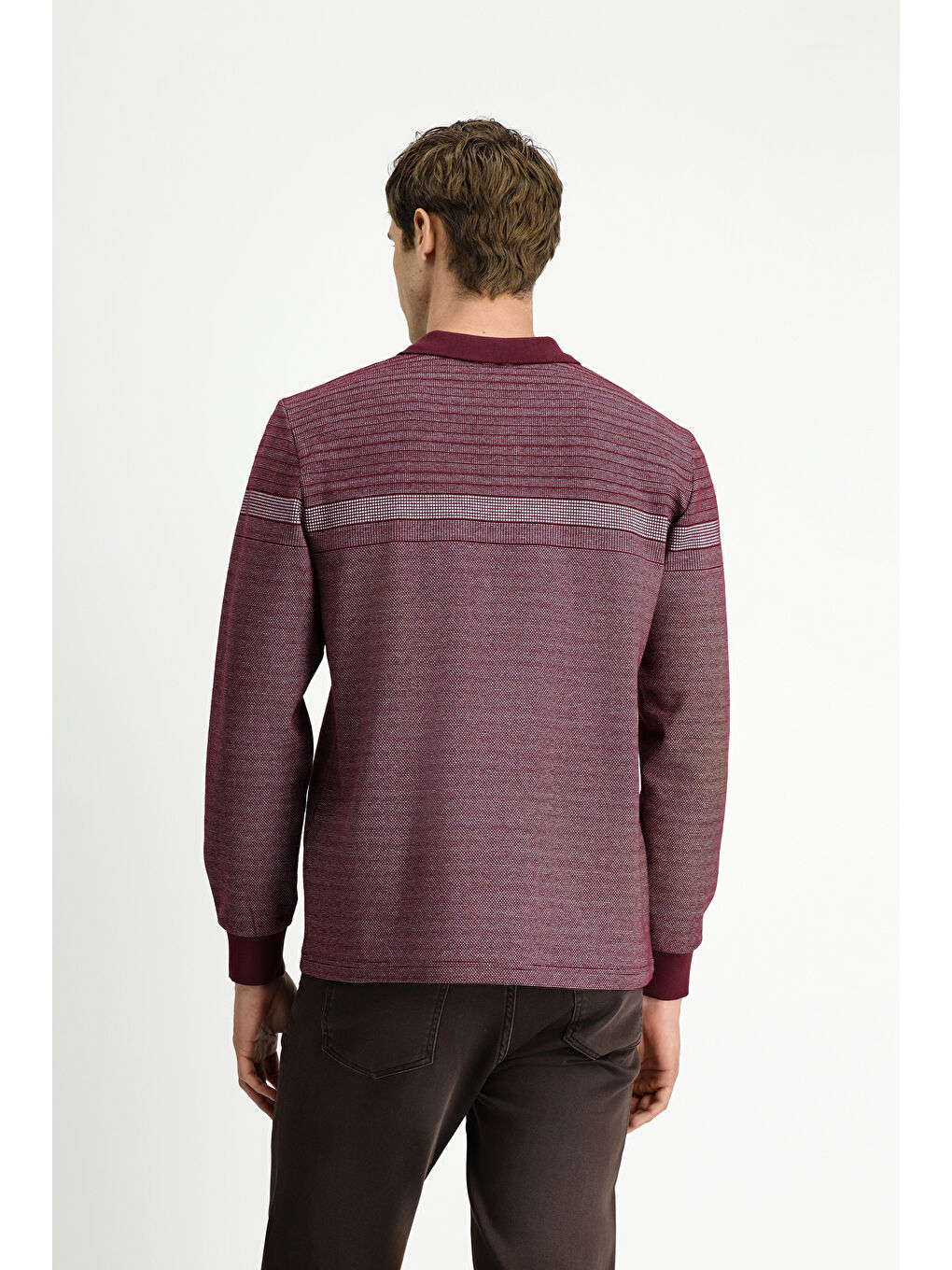Bordo Polo Yaka Regular Fit Çizgili Sweatshirt-4