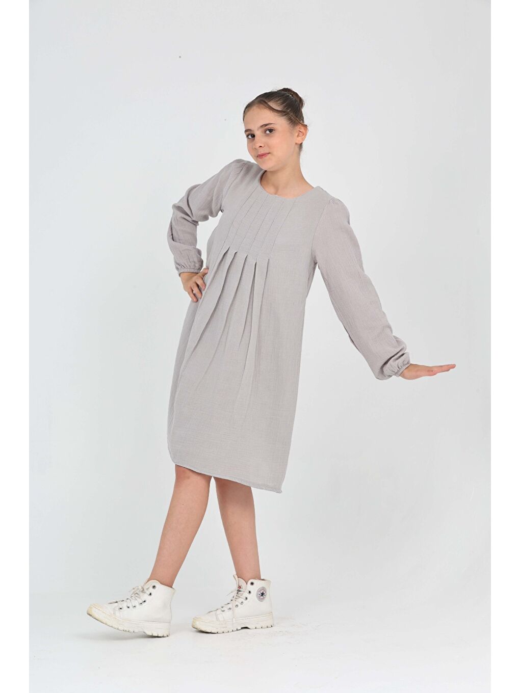 Gri Kız Çocuk Pile Detaylı Elbise-1
