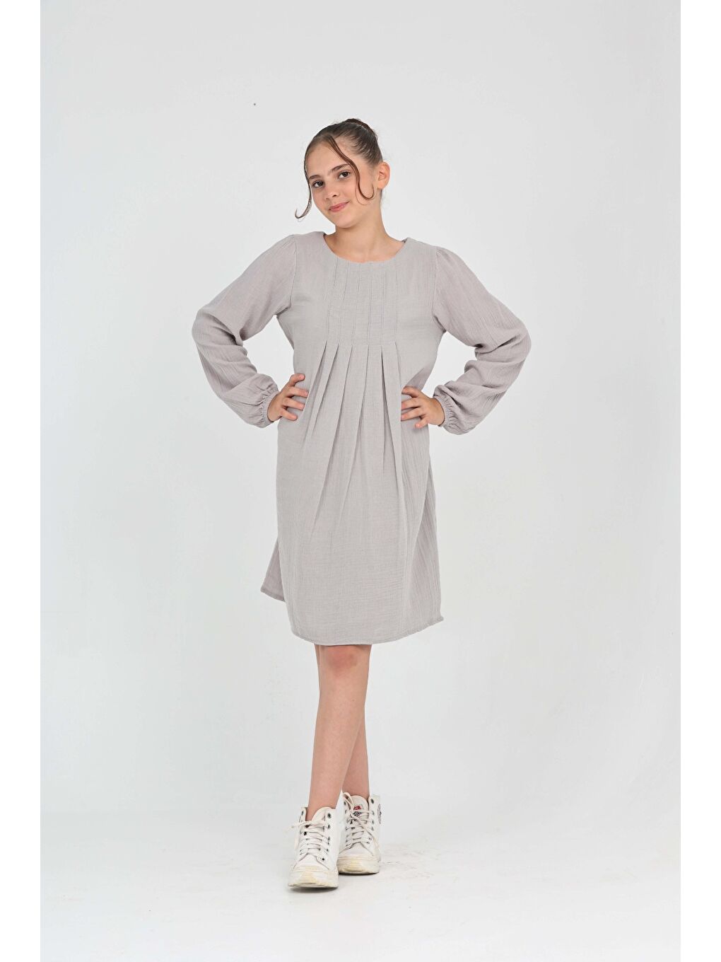 Gri Kız Çocuk Pile Detaylı Elbise-2