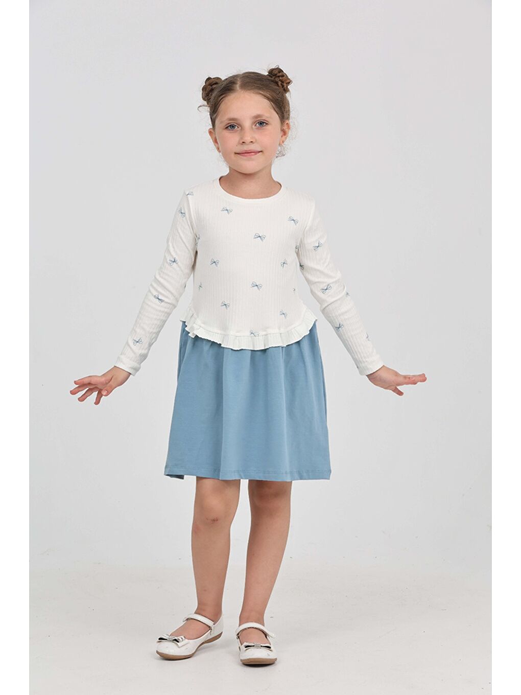 Lila Kız Çocuk Fiyonk Baskılı Elbise-1