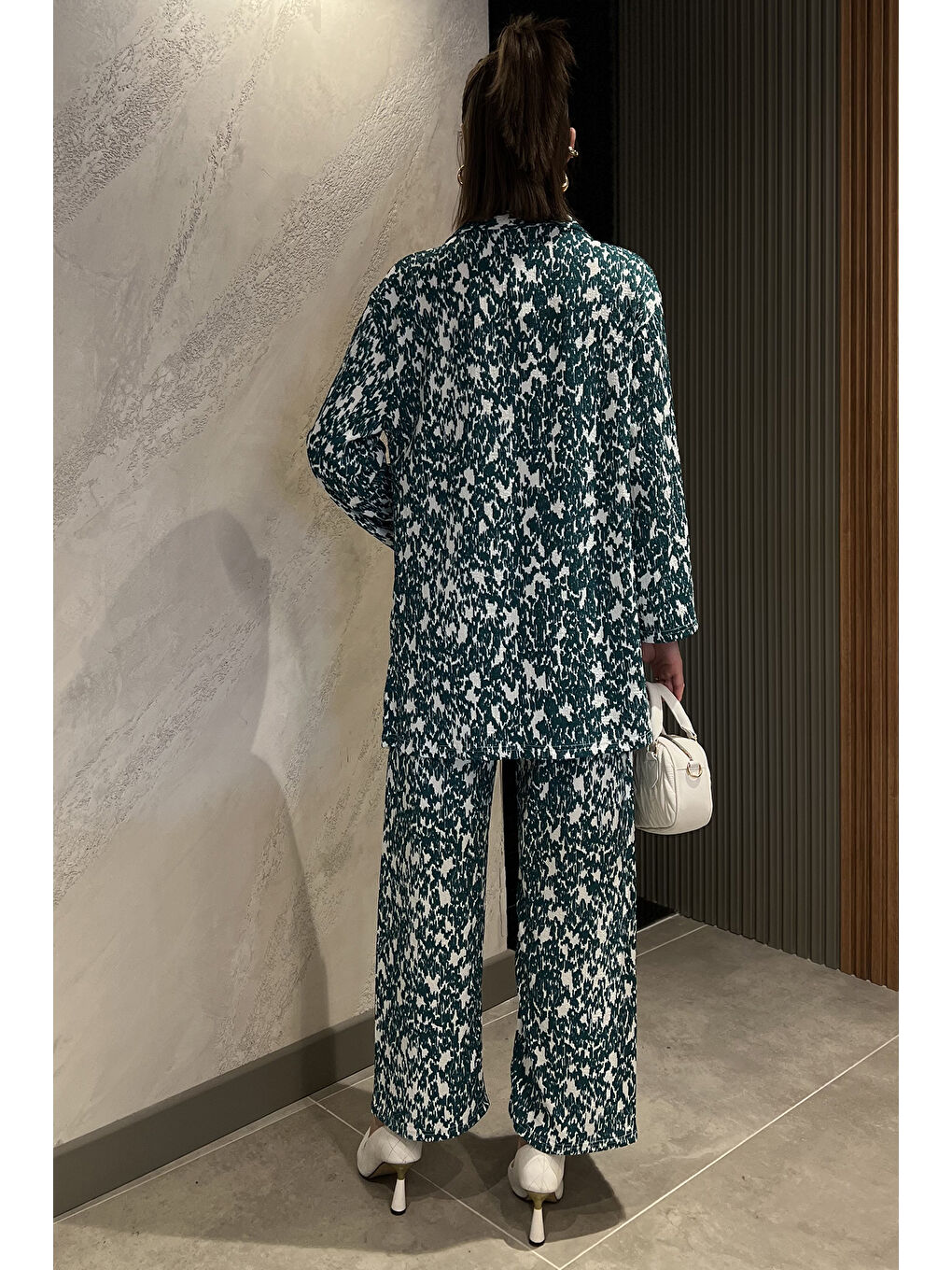 Yeşil Kadın Desenli Kimono Pantolon İkili Takım-2