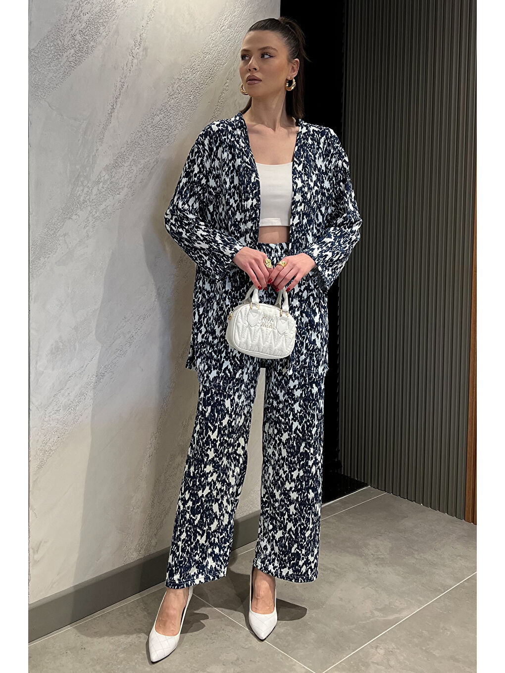 Lacivert Kadın Desenli Kimono Pantolon İkili Takım