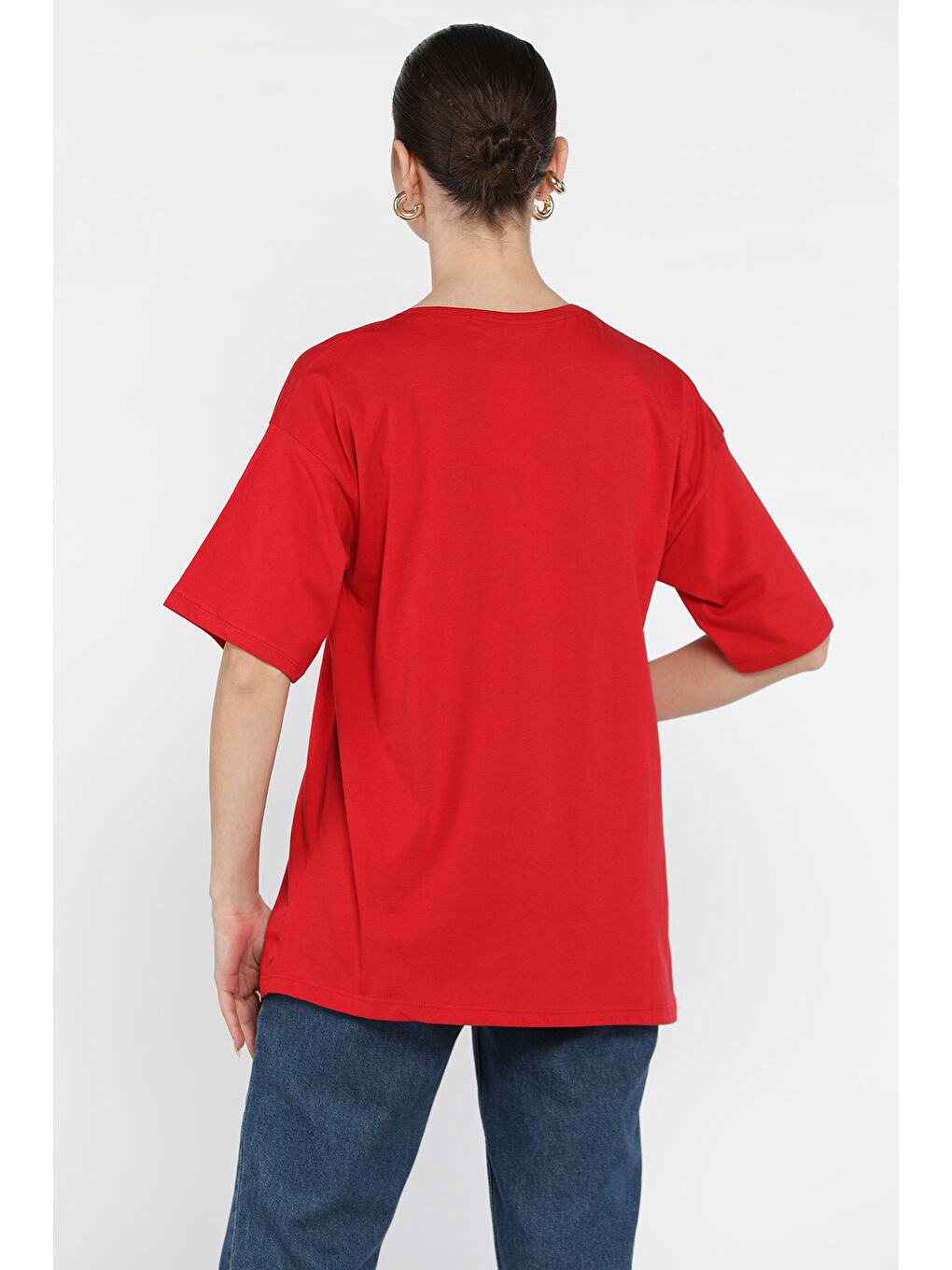 Kırmızı Ön Yazı Baskılı Bisiklet Yaka Kadın Tişört-2