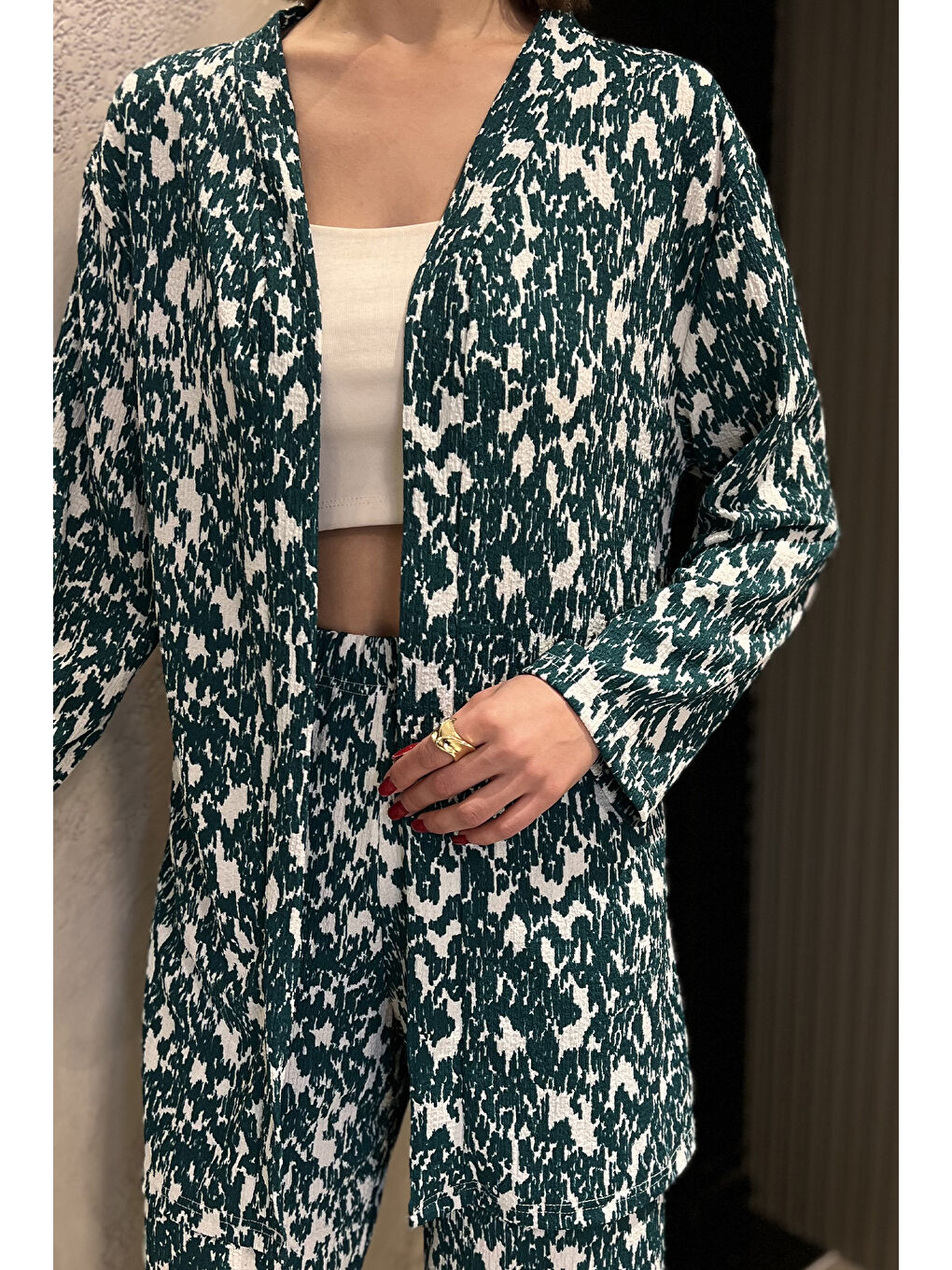 Yeşil Kadın Desenli Kimono Pantolon İkili Takım-3