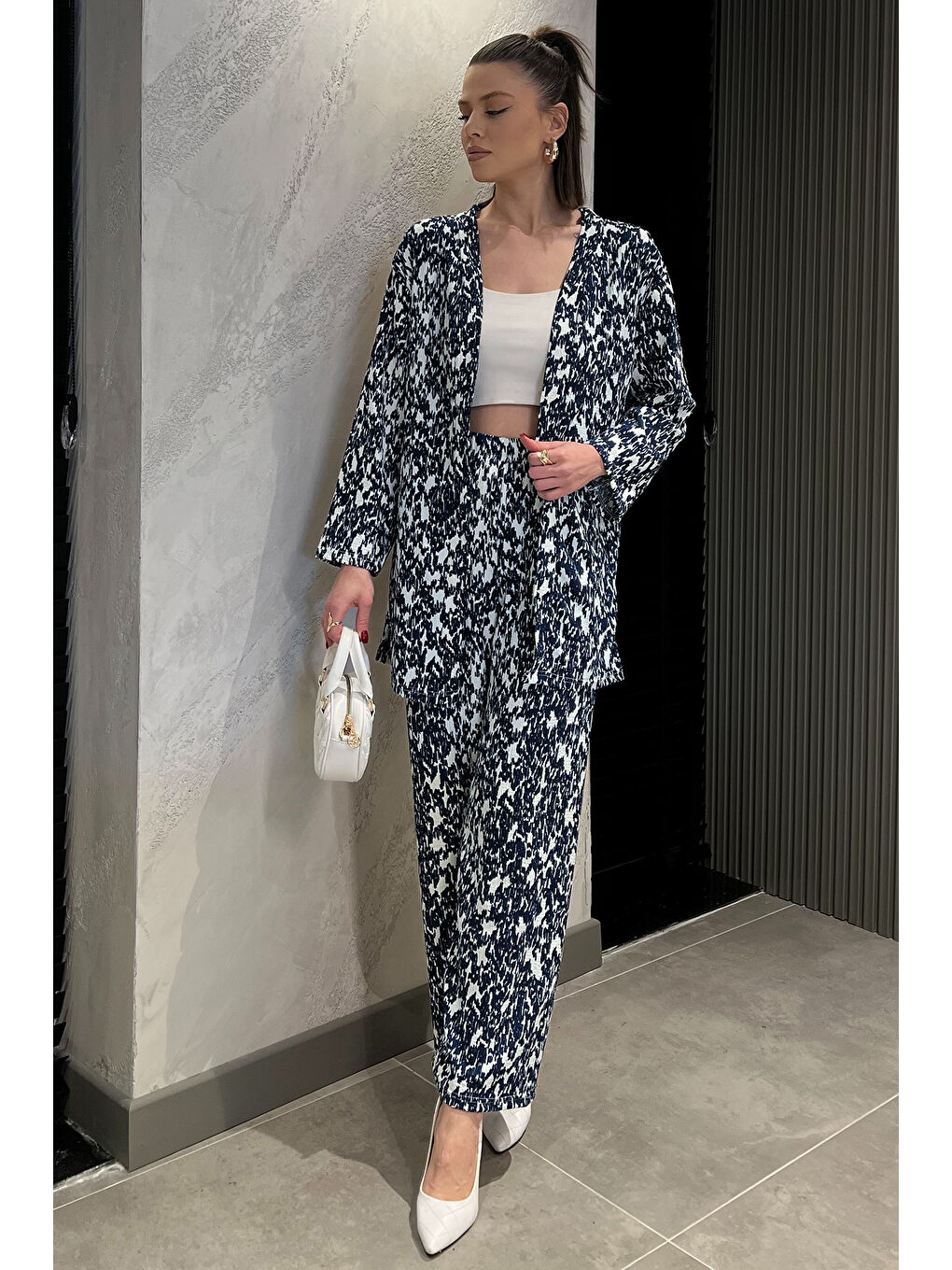 Lacivert Kadın Desenli Kimono Pantolon İkili Takım-1