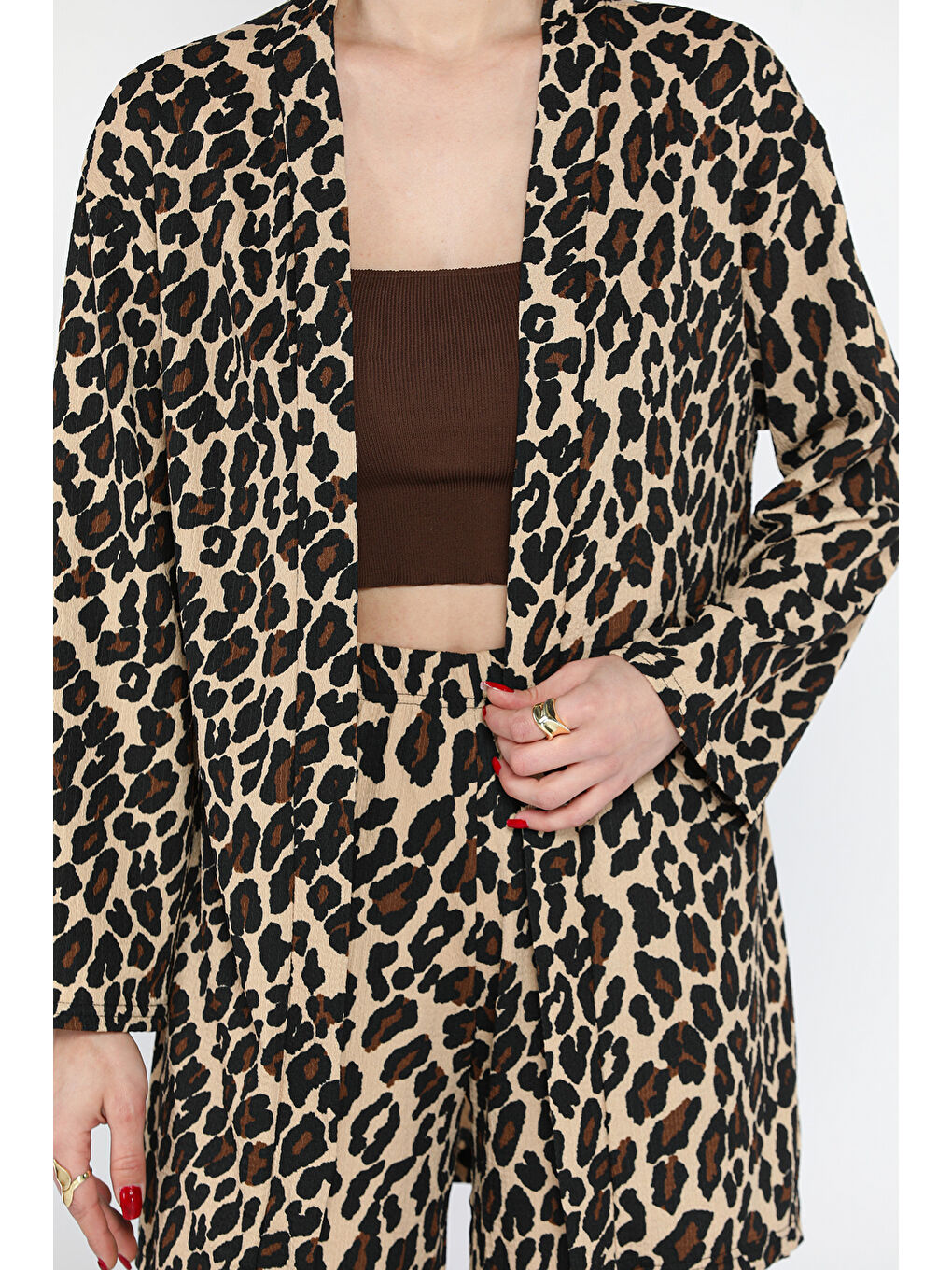 Kahverengi Kadın Leopar Desenli Kimono Pantolon İkili Takım-3