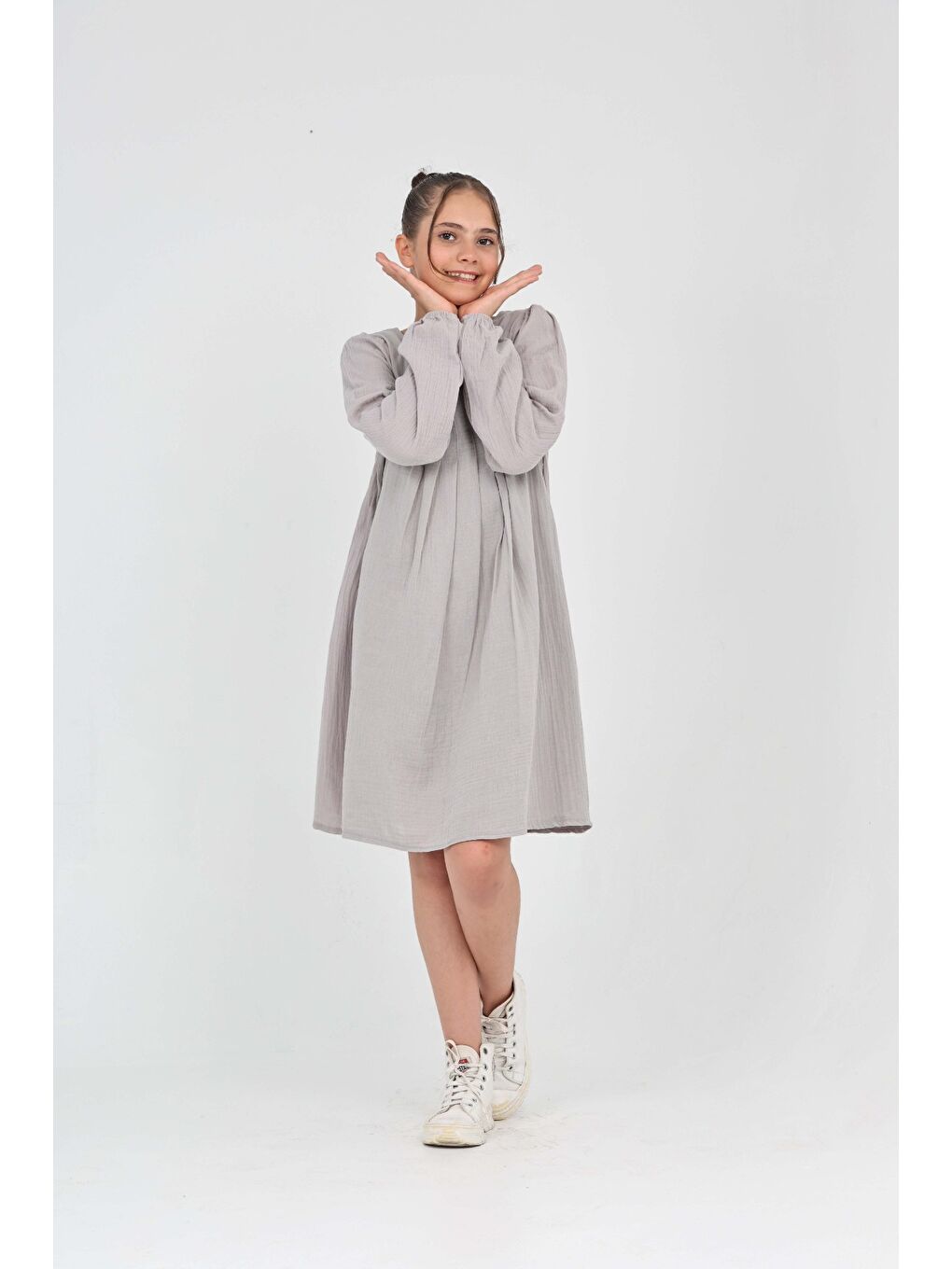 Gri Kız Çocuk Pile Detaylı Elbise-3