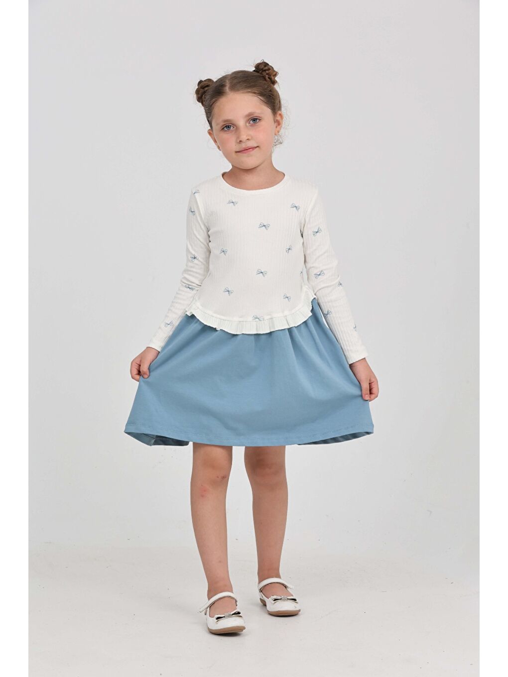 Lila Kız Çocuk Fiyonk Baskılı Elbise-2