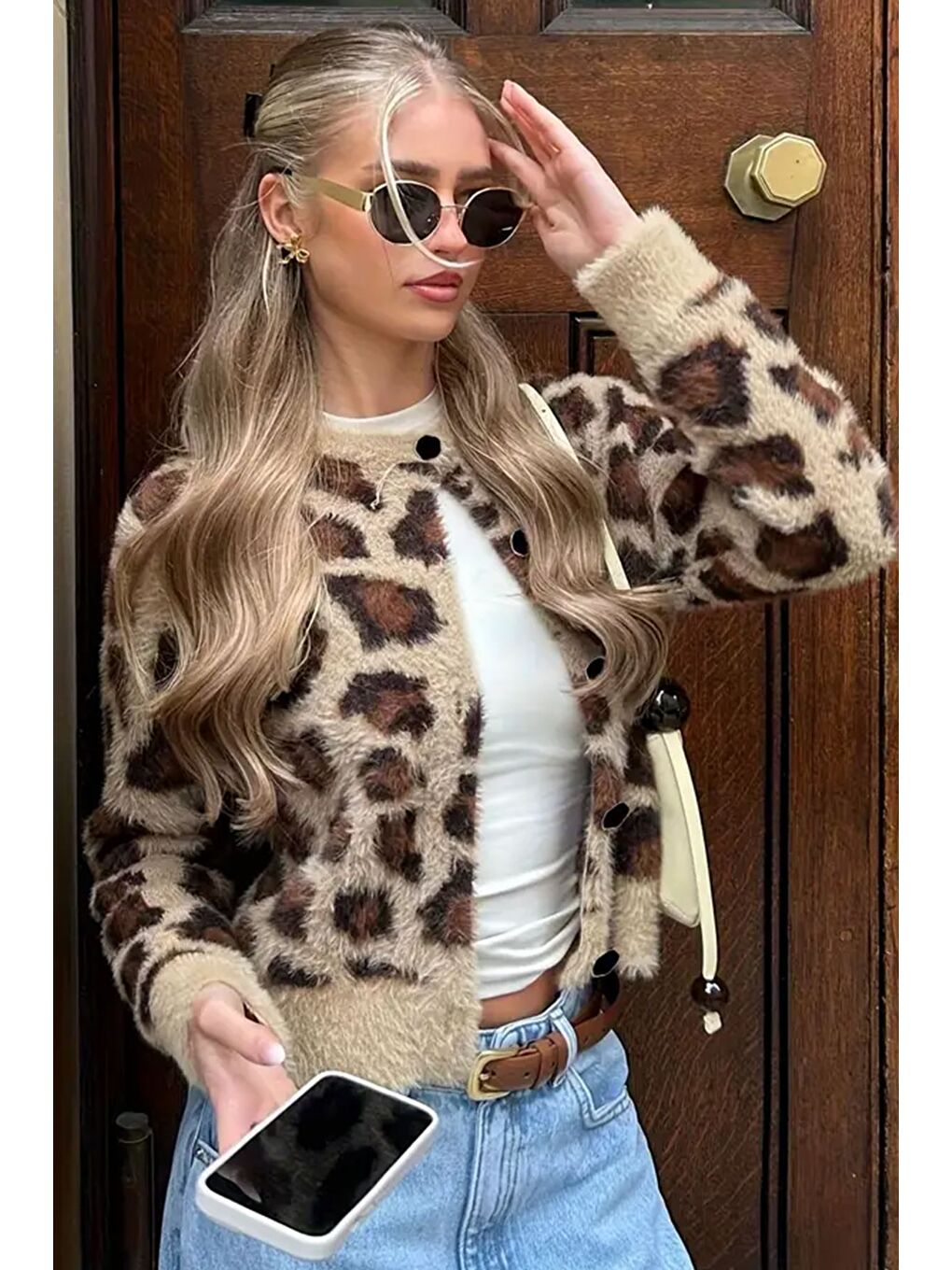 Bej Leopar Desenli Triko Hırka-1