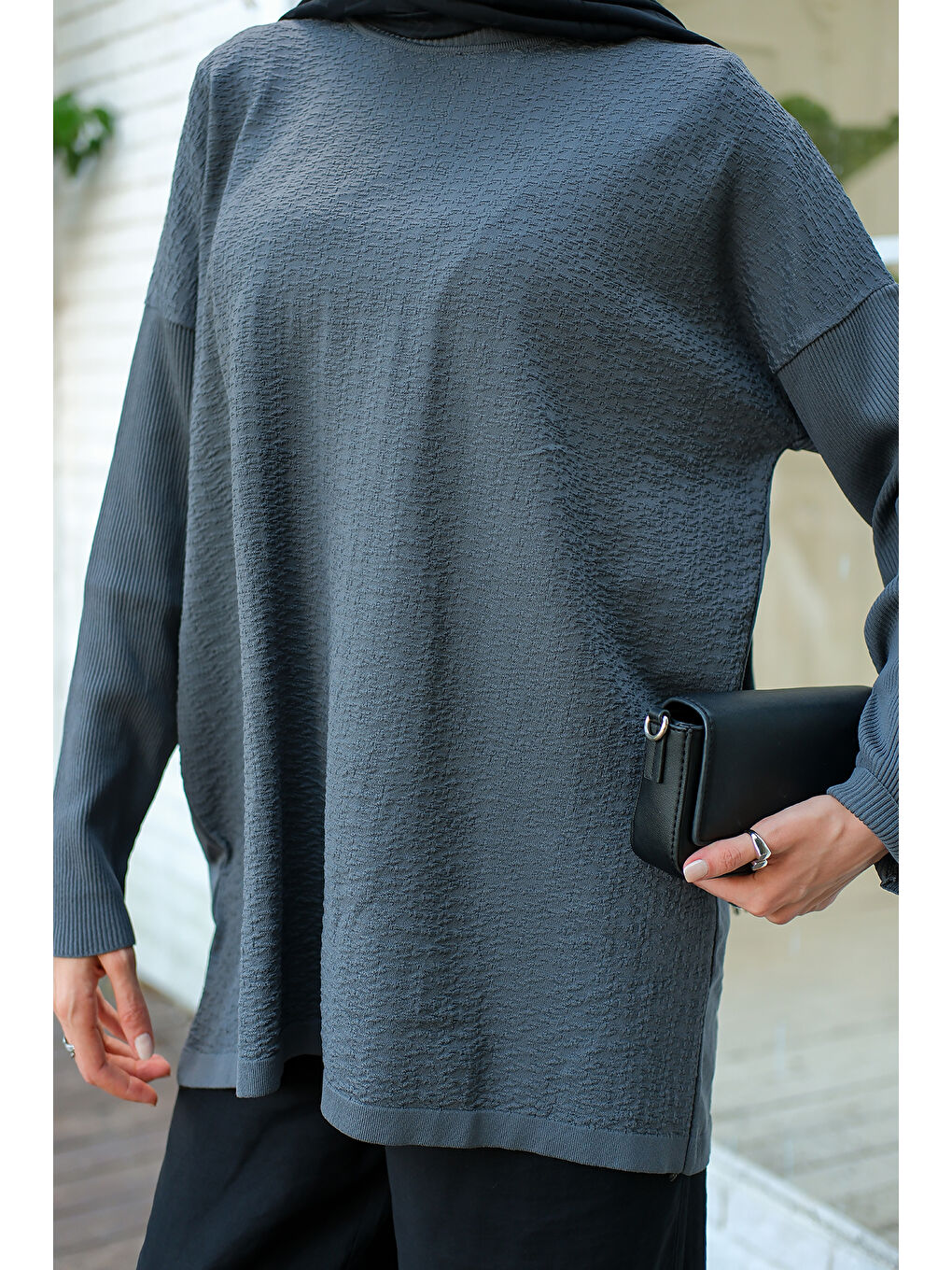 Gri Kadın Kendinden Desenli Tunik Füme-4