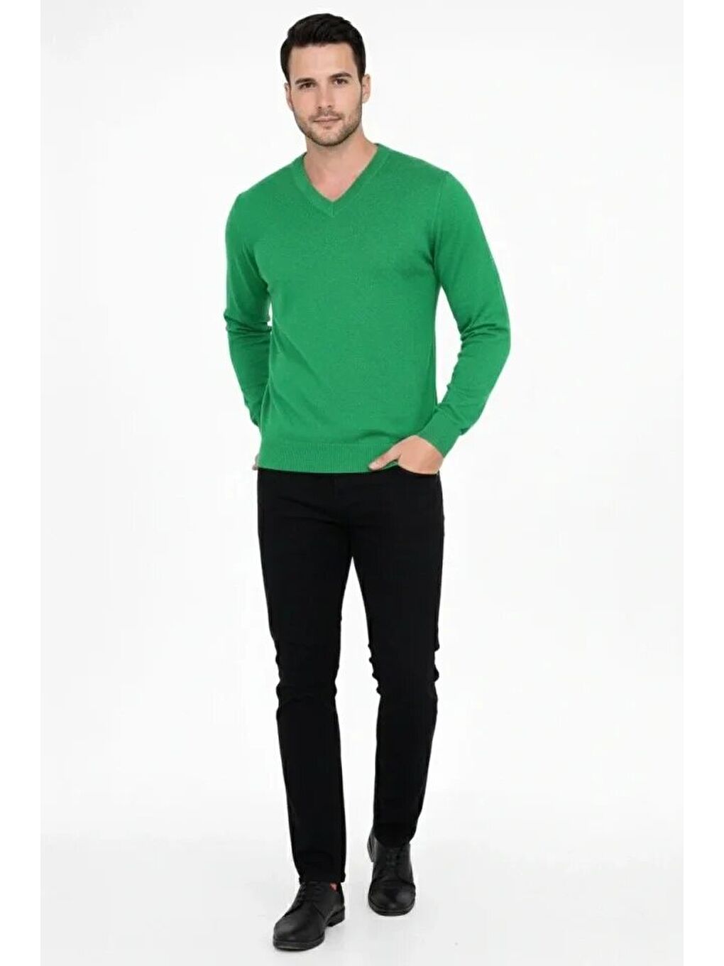 Yeşil Erkek V Yaka Triko Kazak Yumuşak Dokulu Pamuklu Ince Dokuma, Uzun Kollu Rahat Regular Kalıp - Çimen-1