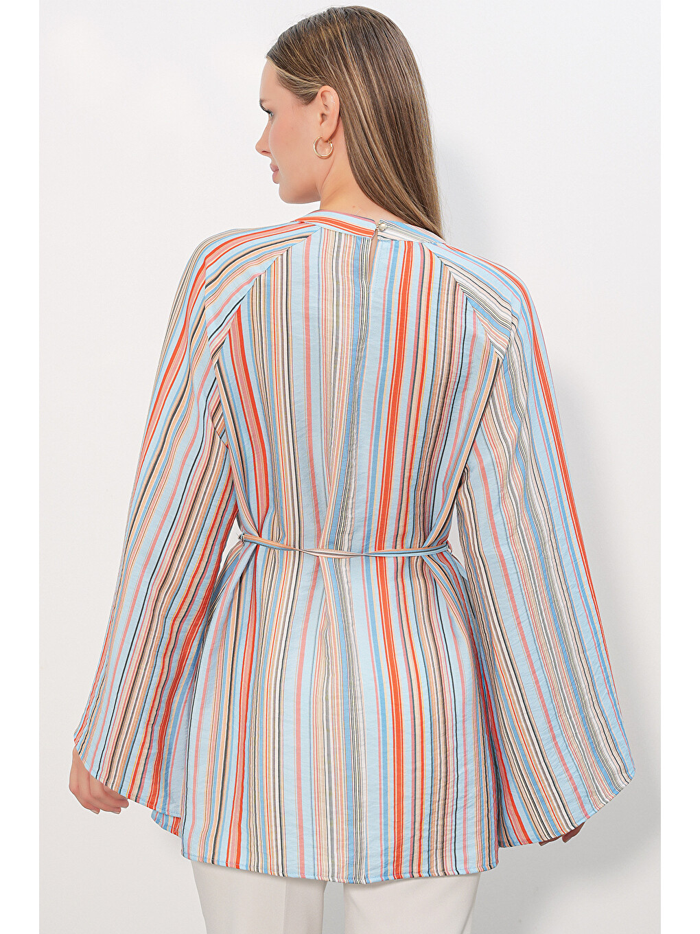 Kadın Çizgili Bağcıklı Oversize Tunik 50009 - Mavi-5