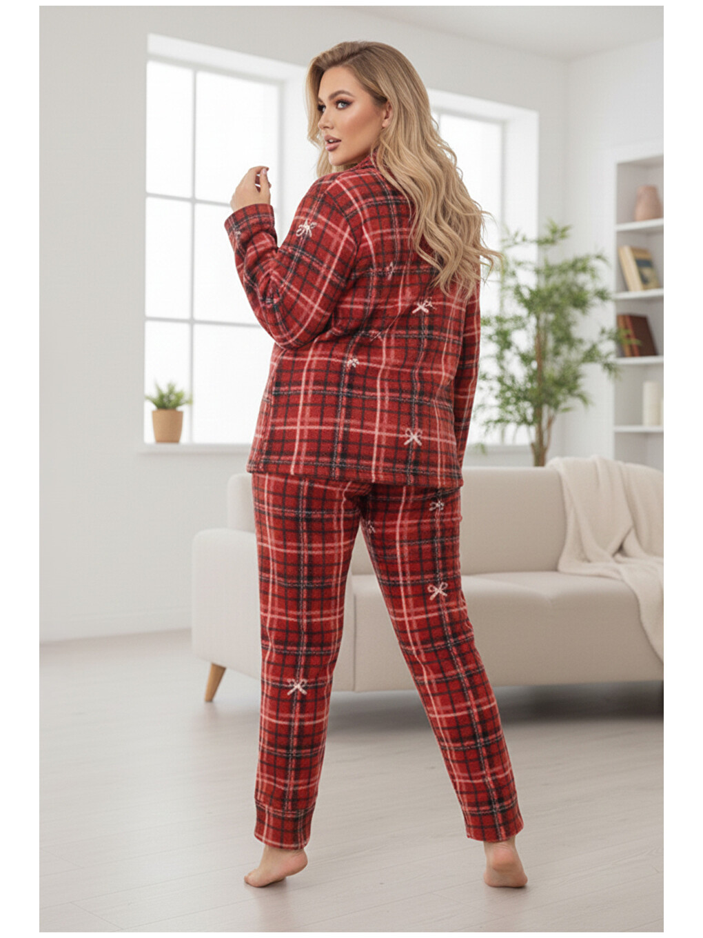Bordo Fiyonk Desenli Nakışlı Büyük Beden Polar Kışlık Örme Pijama Takım-2