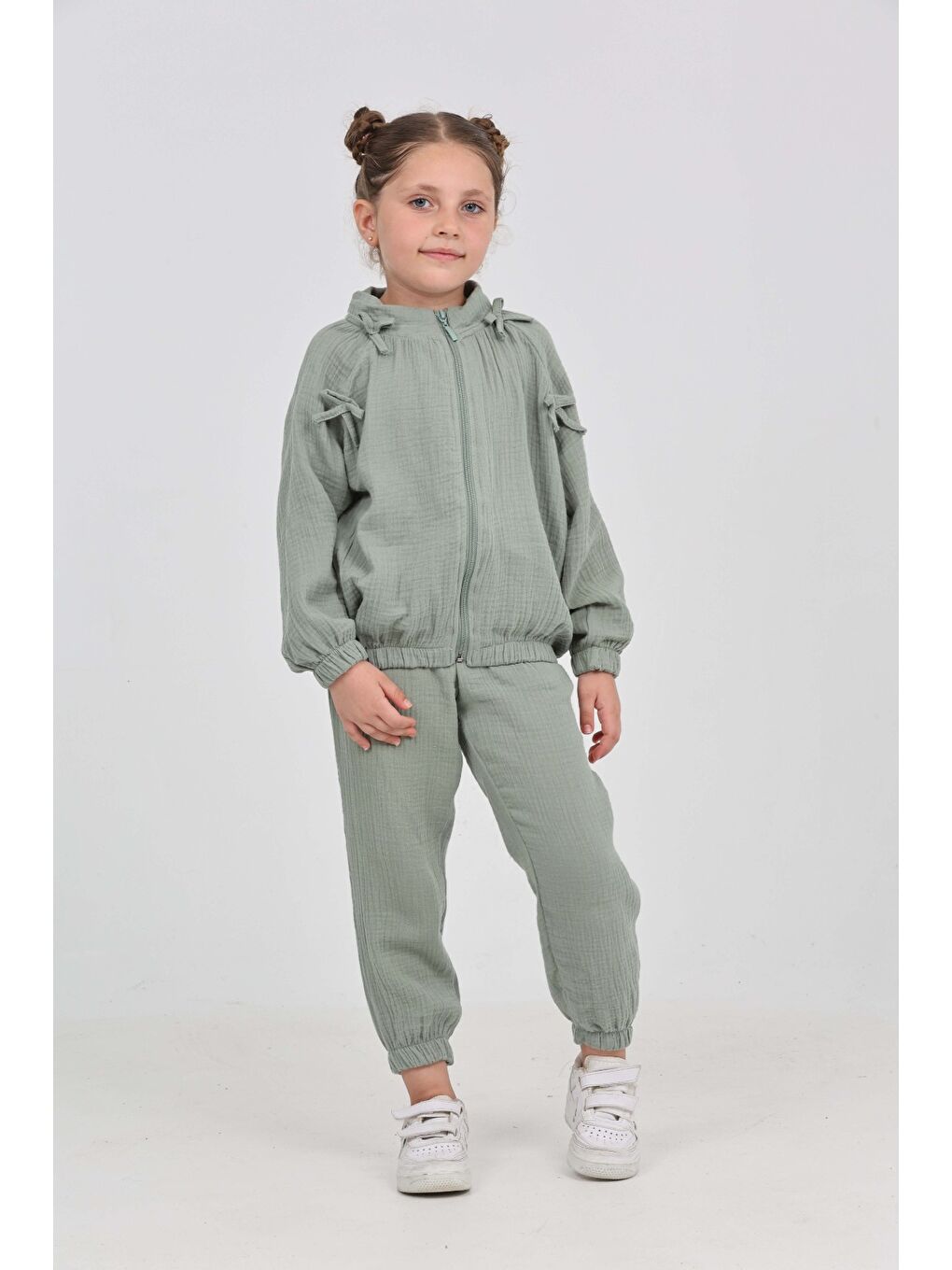 Gri Kız Çocuk Fiyonk Detaylı Eşofman Takım-1