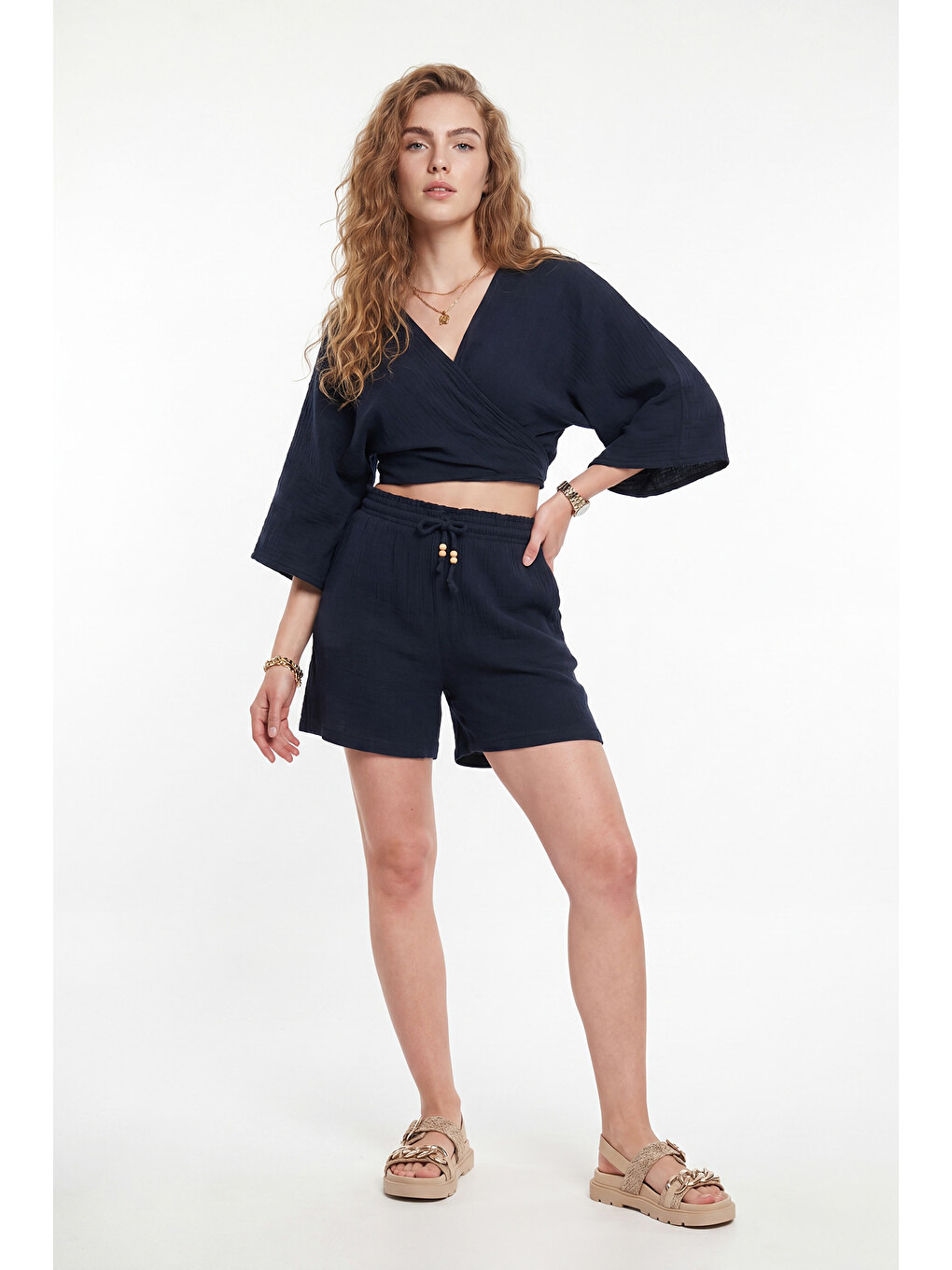 Lacivert Pamuklu Regular Fit Bağlamalı Crop Kimono 668YL2783-1