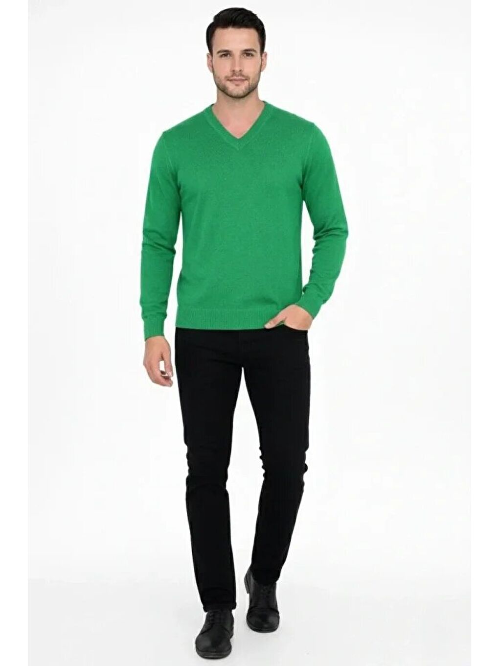 Yeşil Erkek V Yaka Triko Kazak Yumuşak Dokulu Pamuklu Ince Dokuma, Uzun Kollu Rahat Regular Kalıp - Çimen-2