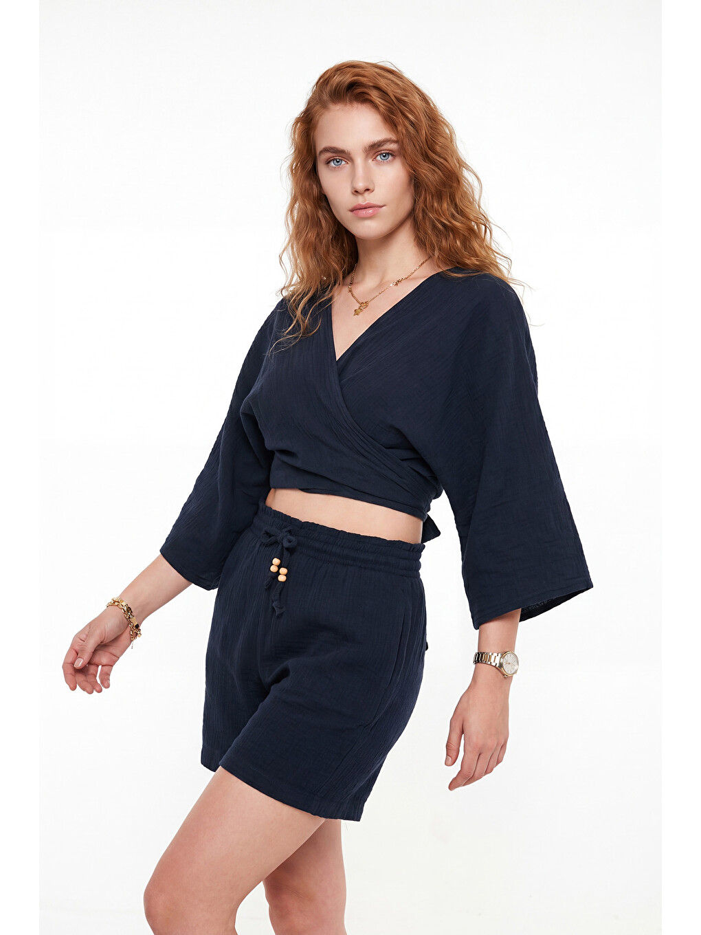 Lacivert Pamuklu Regular Fit Bağlamalı Crop Kimono 668YL2783-2
