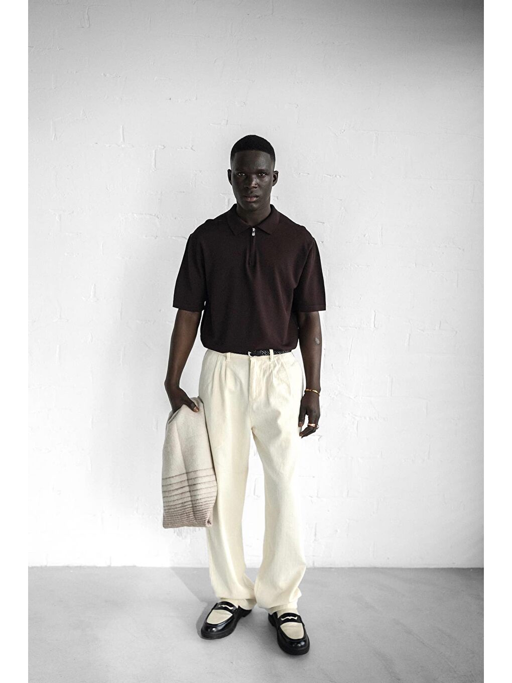 Erkek Yarım Fermuarlı Polo Yaka Tişört Kahverengi-1