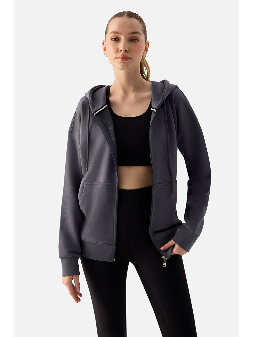 Gri Luna Fermuarlı Kapüşonlu Füme Sweatshirt