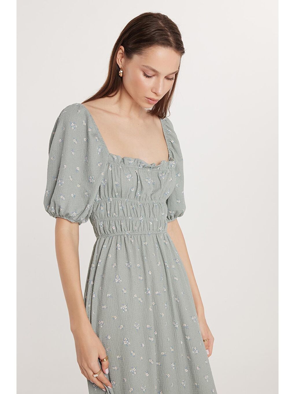 Karışık Kadın Slim Fit Dar Kesim Kısa Kollu Beli Büzgülü Kare Yaka Elbise-2