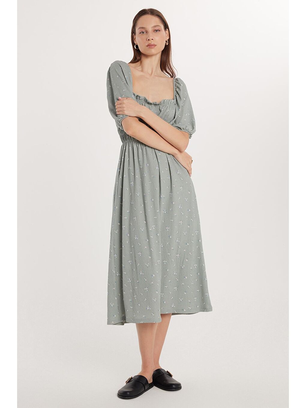 Karışık Kadın Slim Fit Dar Kesim Kısa Kollu Beli Büzgülü Kare Yaka Elbise-3