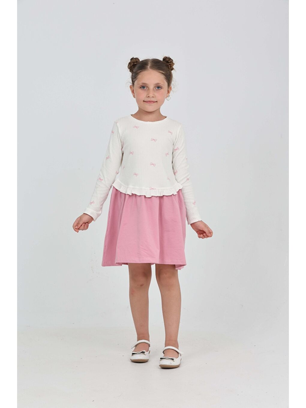 Pembe Kız Çocuk Fiyonk Baskılı Elbise-1