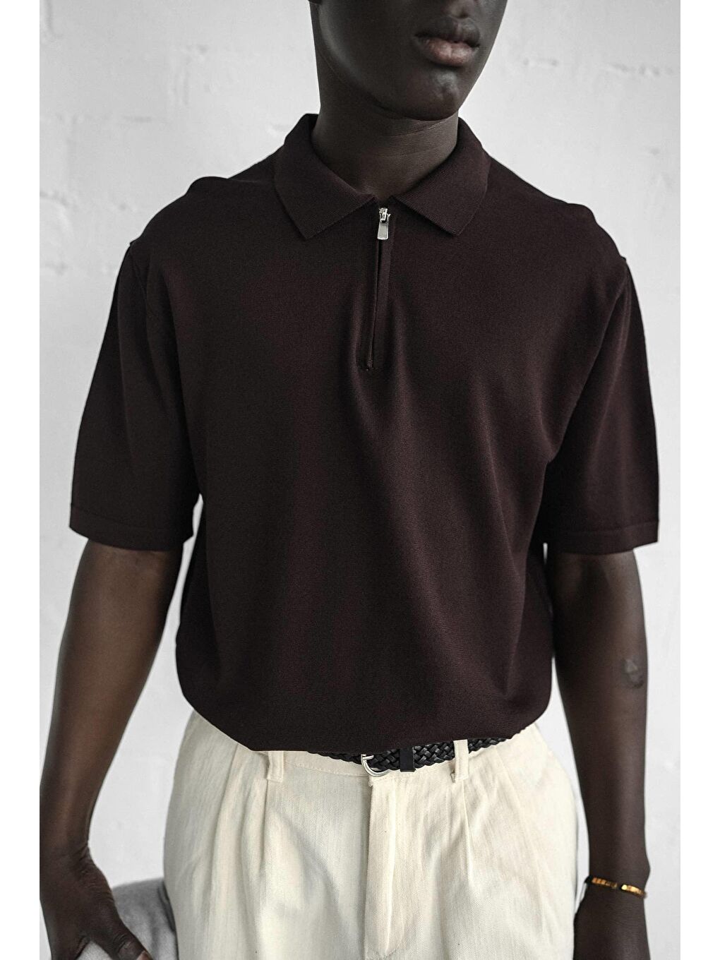 Erkek Yarım Fermuarlı Polo Yaka Tişört Kahverengi-3