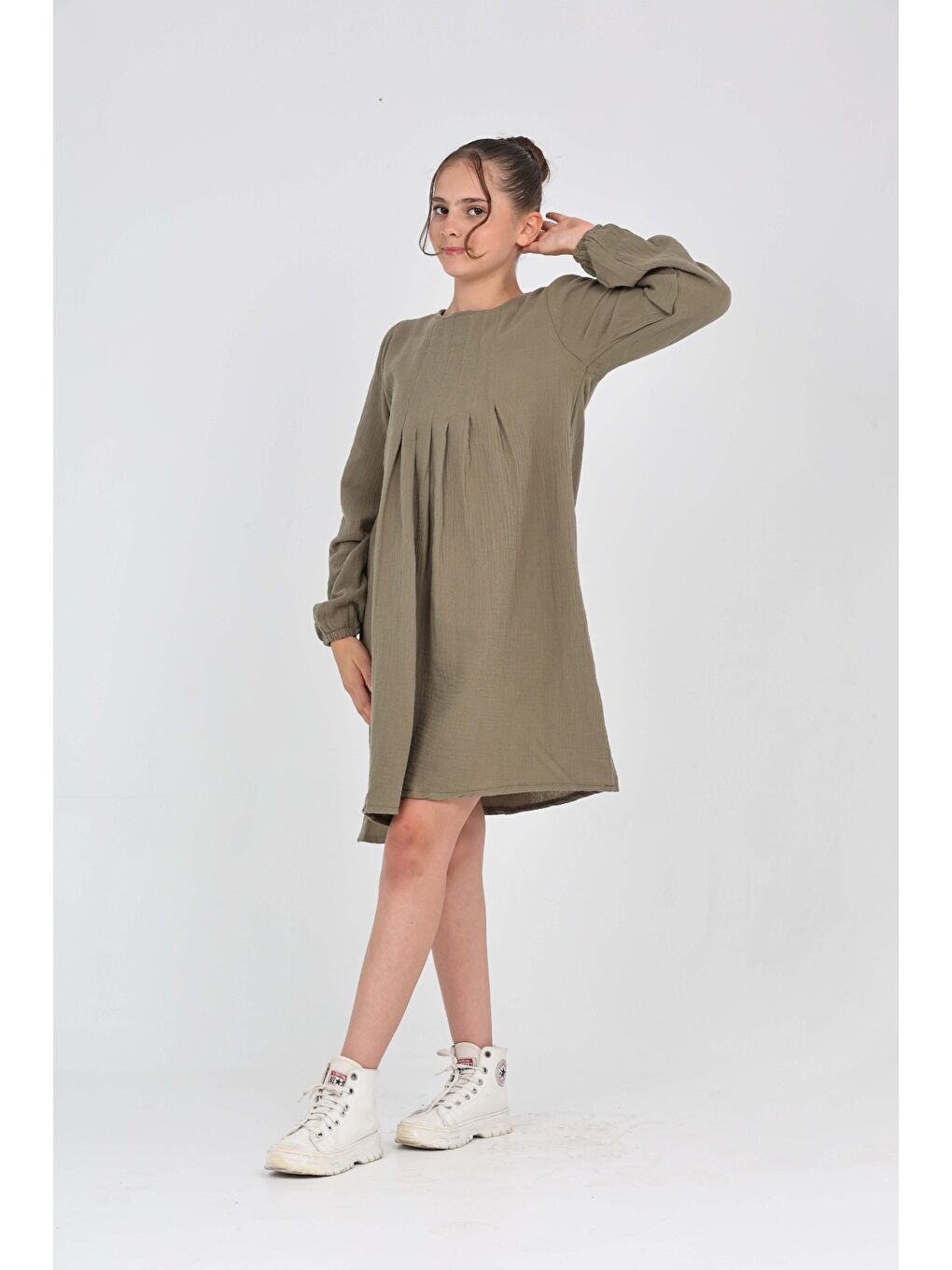 Haki Kız Çocuk Pile Detaylı Elbise-1