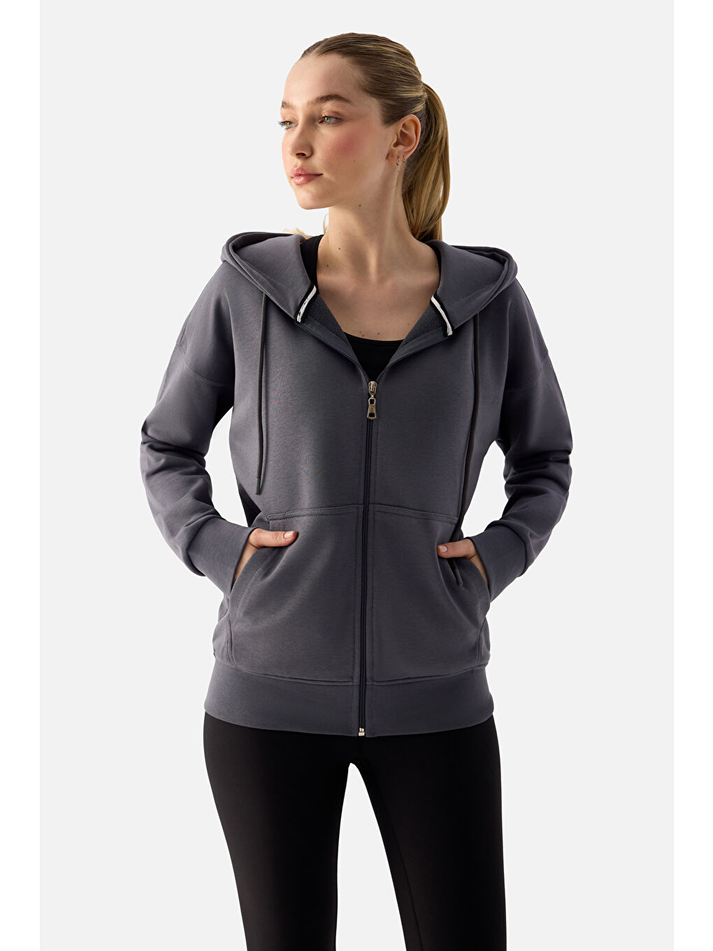 Gri Luna Fermuarlı Kapüşonlu Füme Sweatshirt-1