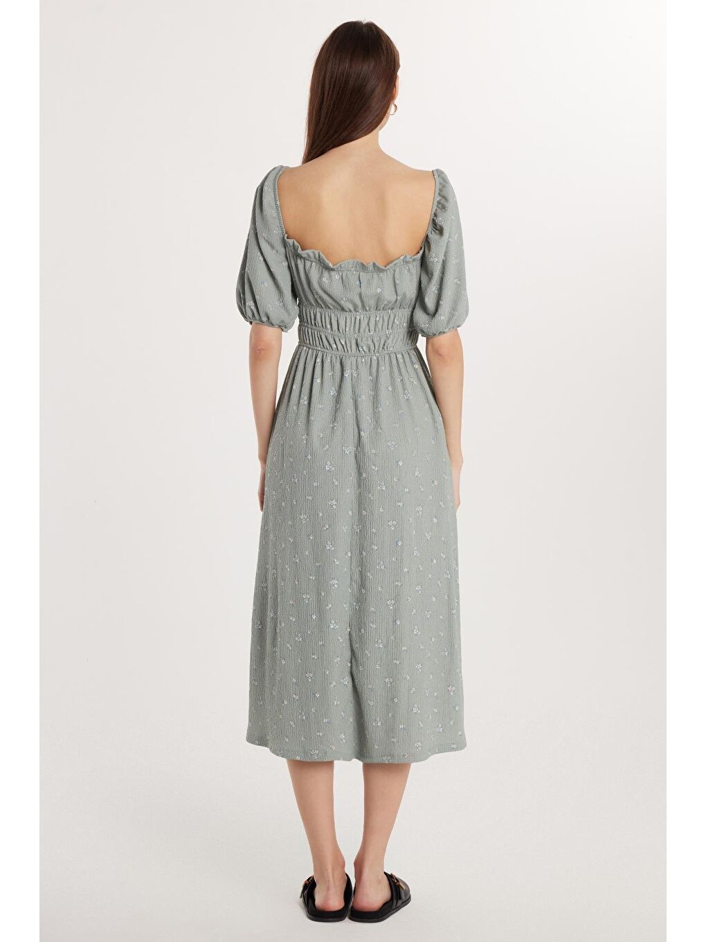 Karışık Kadın Slim Fit Dar Kesim Kısa Kollu Beli Büzgülü Kare Yaka Elbise-4