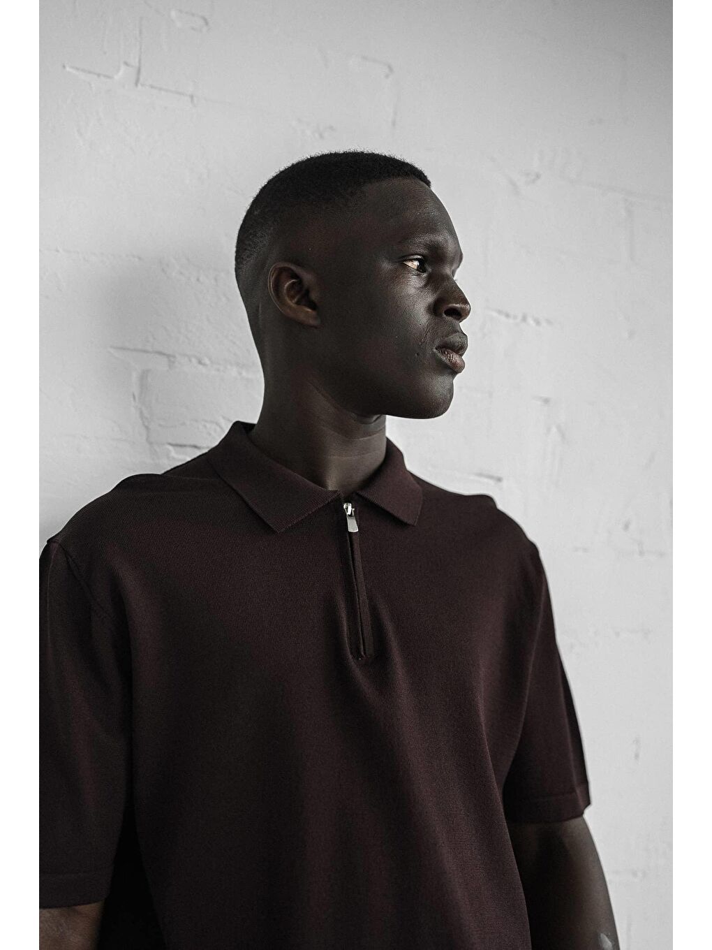 Erkek Yarım Fermuarlı Polo Yaka Tişört Kahverengi-4