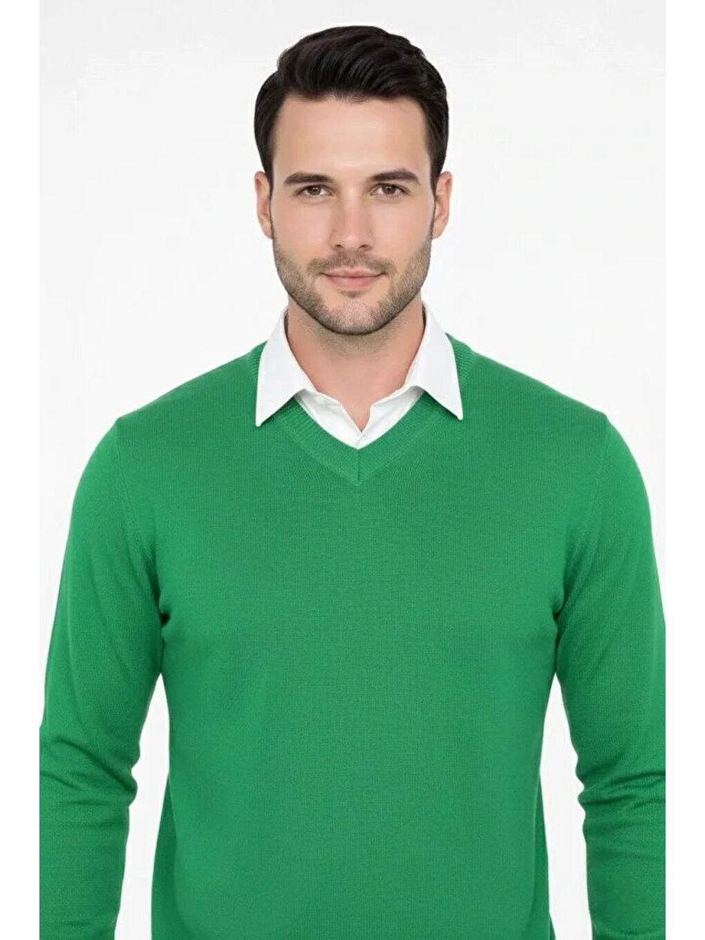 Yeşil Erkek V Yaka Triko Kazak Yumuşak Dokulu Pamuklu Ince Dokuma, Uzun Kollu Rahat Regular Kalıp - Çimen-3