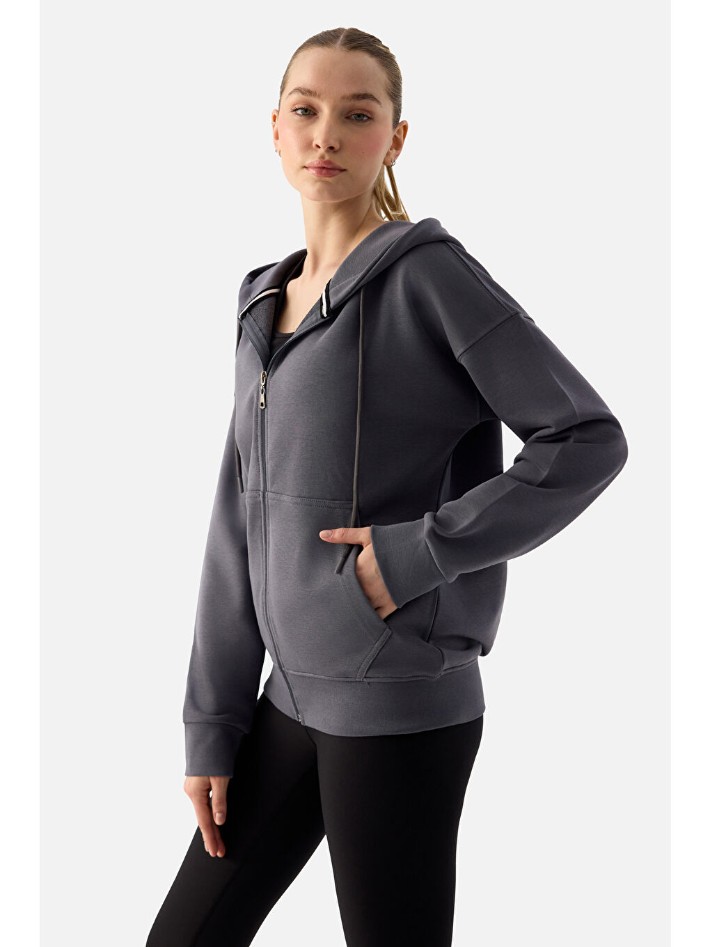 Gri Luna Fermuarlı Kapüşonlu Füme Sweatshirt-2