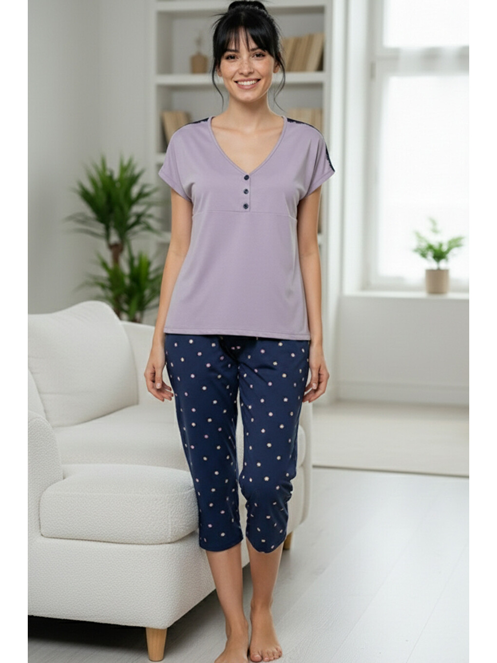 Lila Desenli Pamuklu V Yaka Örme Kapri Pijama Takım-1