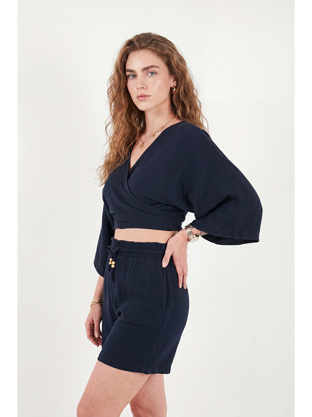 Lacivert Pamuklu Regular Fit Bağlamalı Crop Kimono 668YL2783-3