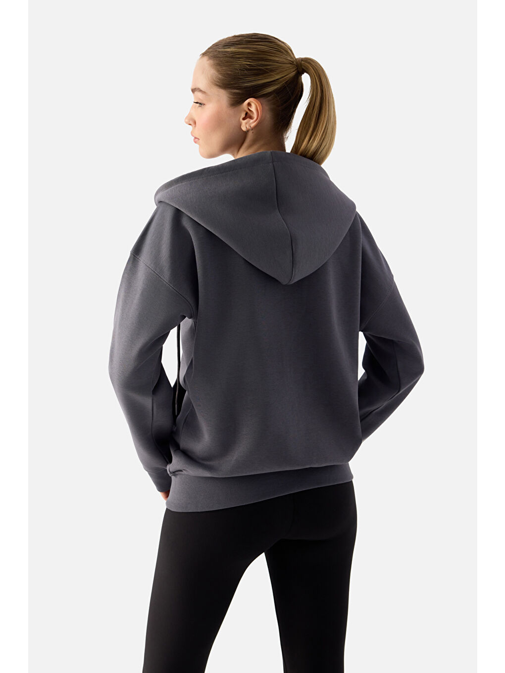 Gri Luna Fermuarlı Kapüşonlu Füme Sweatshirt-3