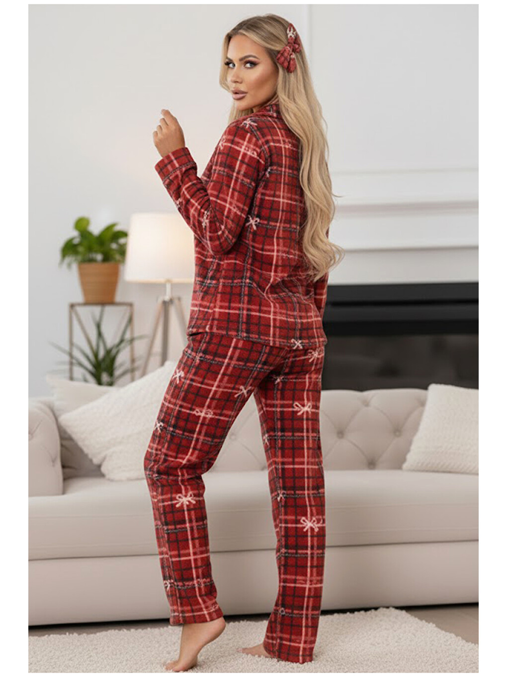 Bordo Fiyonk Desenli Nakışlı Polar Kışlık Örme Pijama Takım-2