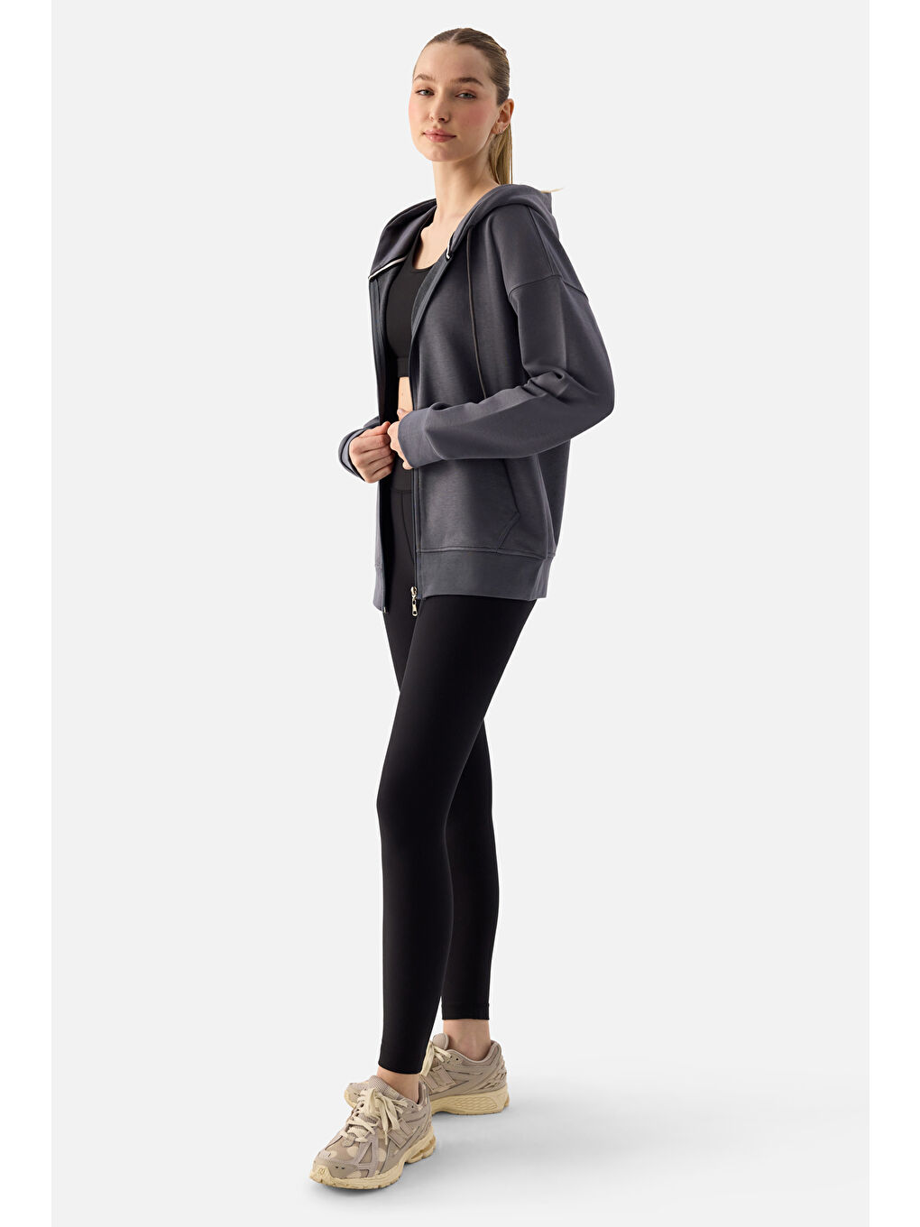 Gri Luna Fermuarlı Kapüşonlu Füme Sweatshirt-5