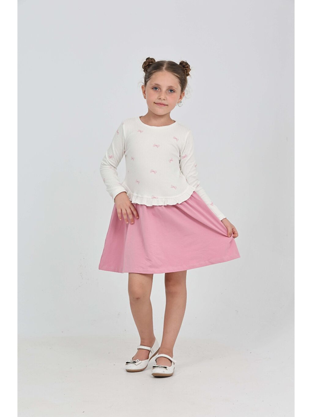 Pembe Kız Çocuk Fiyonk Baskılı Elbise-2