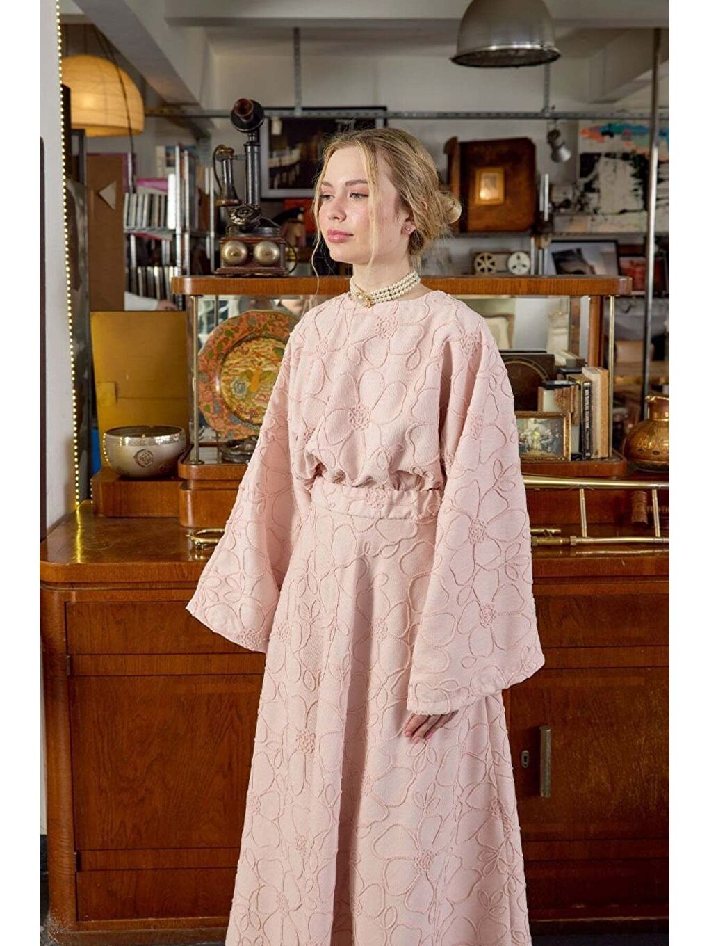 Pembe Pudra Çiçek Detay Etek Takım-1