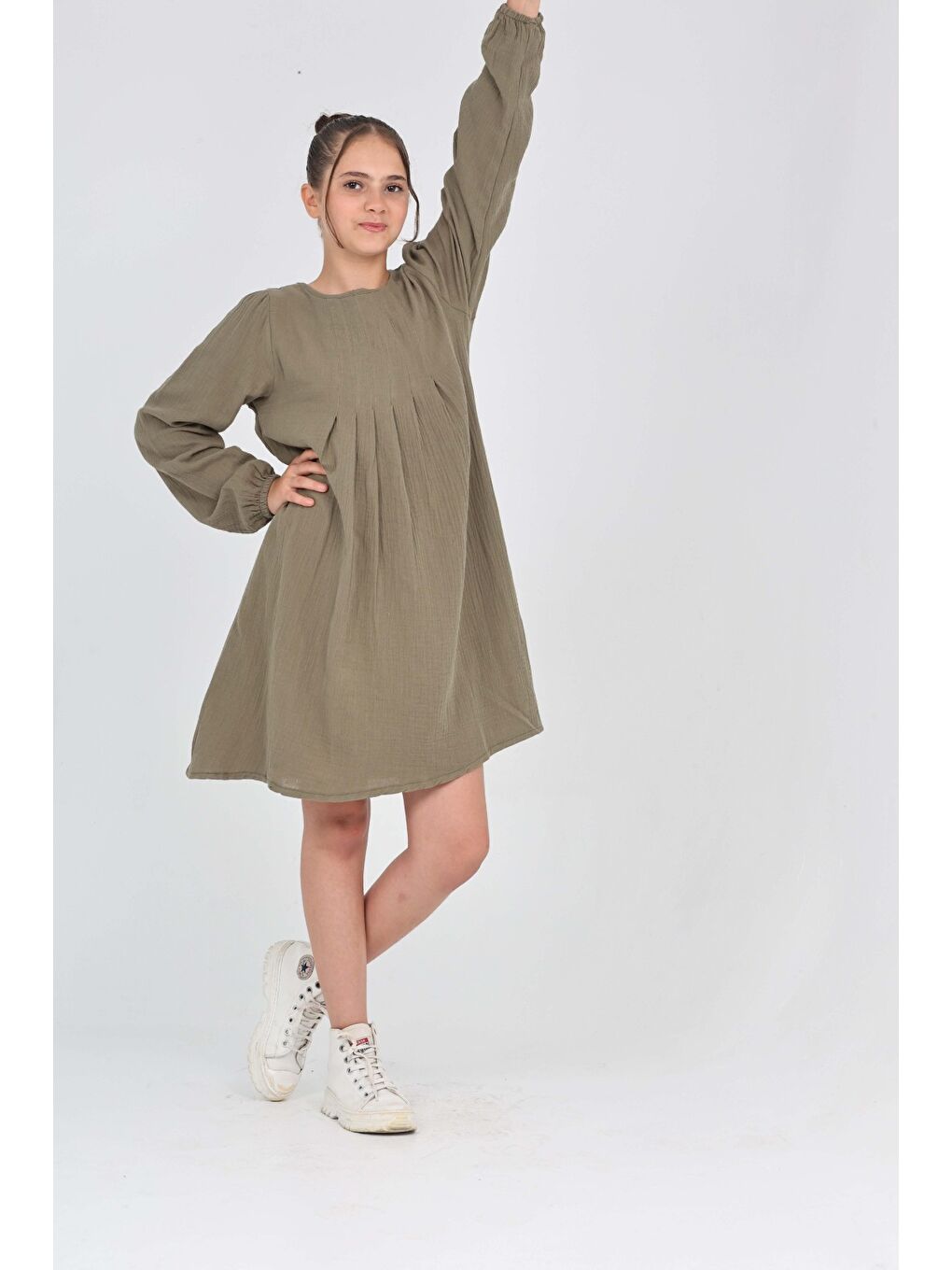 Haki Kız Çocuk Pile Detaylı Elbise-2
