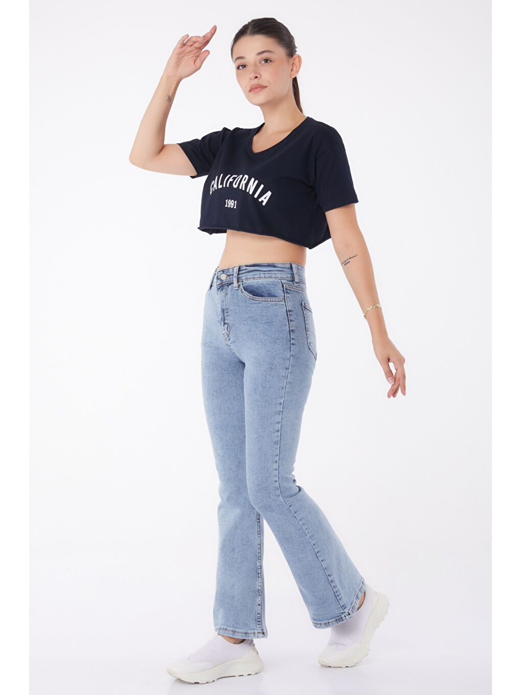 İspanyol Paça Jean Pantolon Buz Mavi   23049