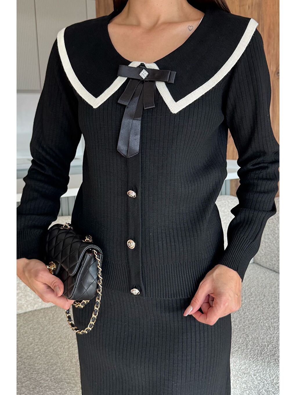 Siyah Bebe Yaka Hırka Görünümlü Bluz Etek Triko İkili Takım-1