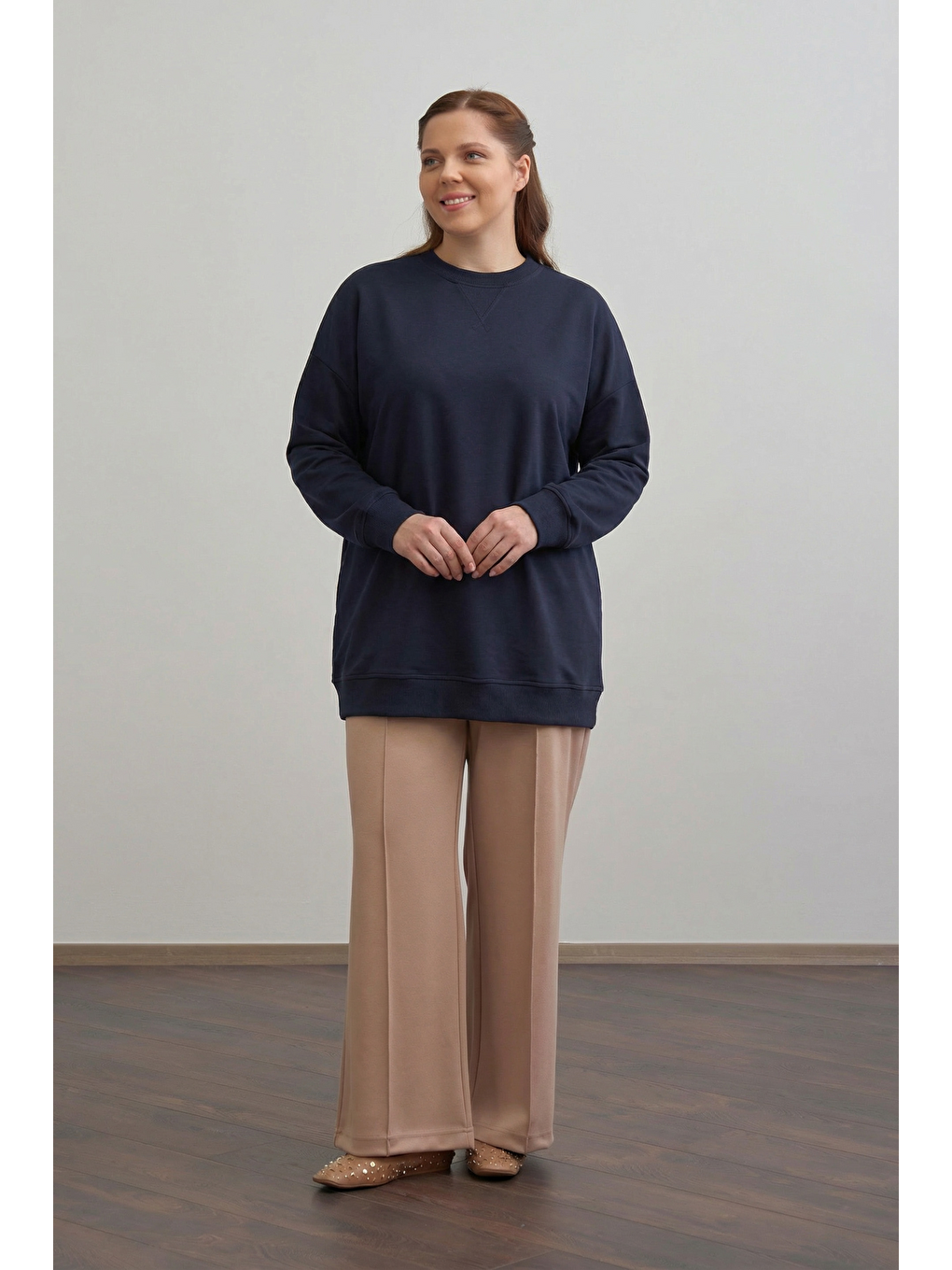Lacivert-Pamuklu Kaşkorse Detaylı Büyük Beden Sweatshirt