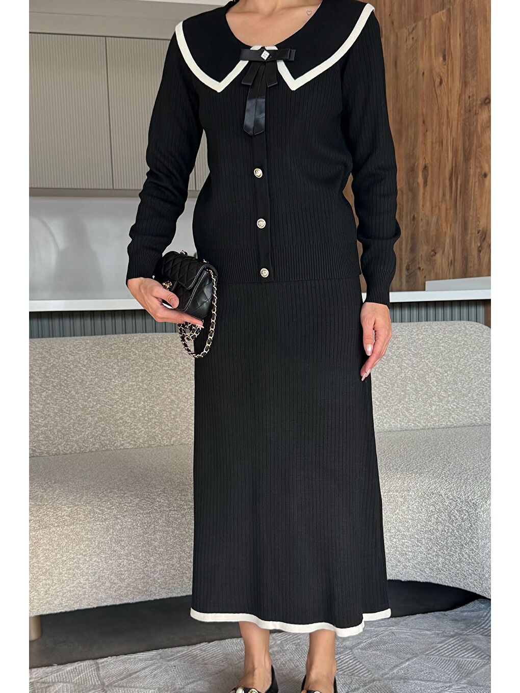 Siyah Bebe Yaka Hırka Görünümlü Bluz Etek Triko İkili Takım-2