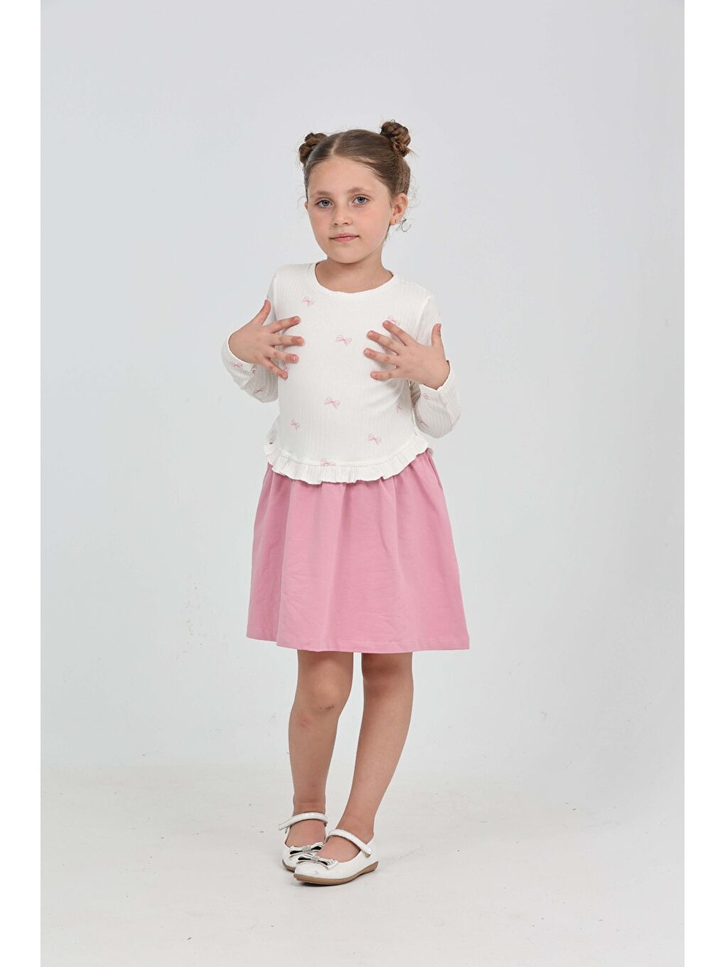 Pembe Kız Çocuk Fiyonk Baskılı Elbise-3