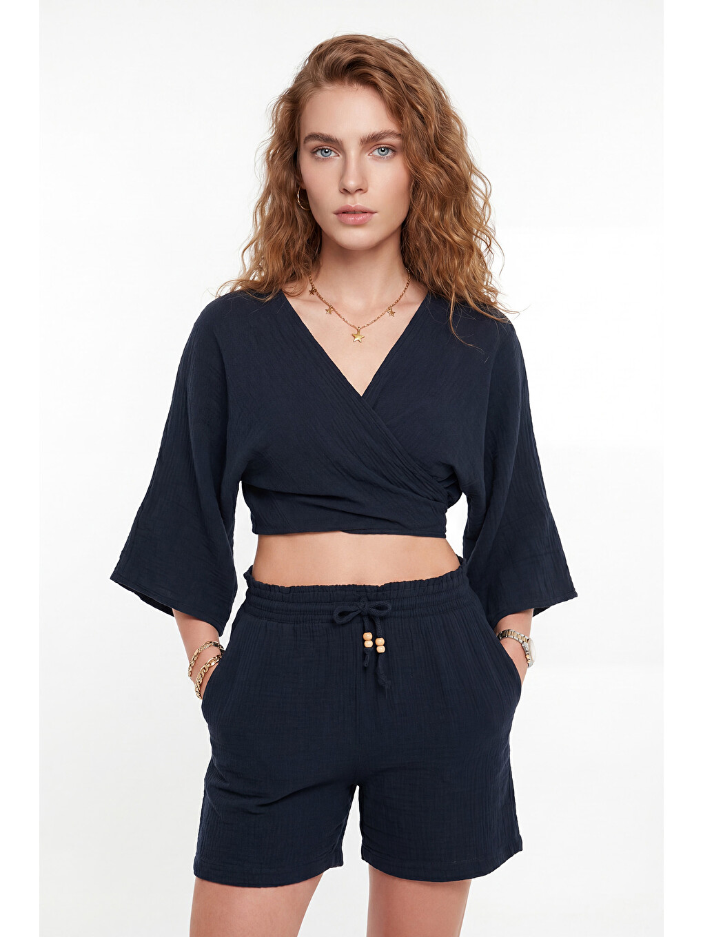 Lacivert Pamuklu Regular Fit Bağlamalı Crop Kimono 668YL2783-4